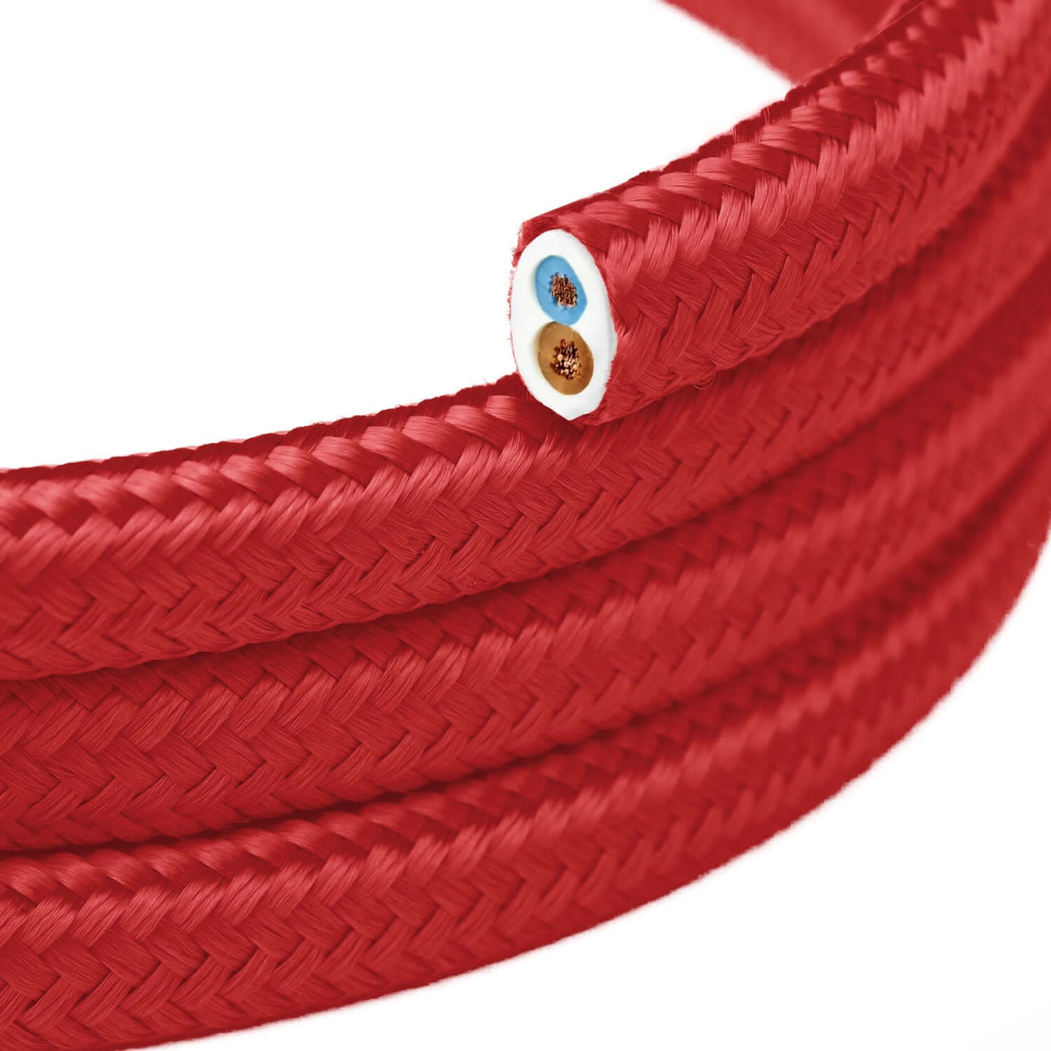 Flaches Beleuchtungskabel mit glänzendem Stoffmantel in Feuerrot - PM09