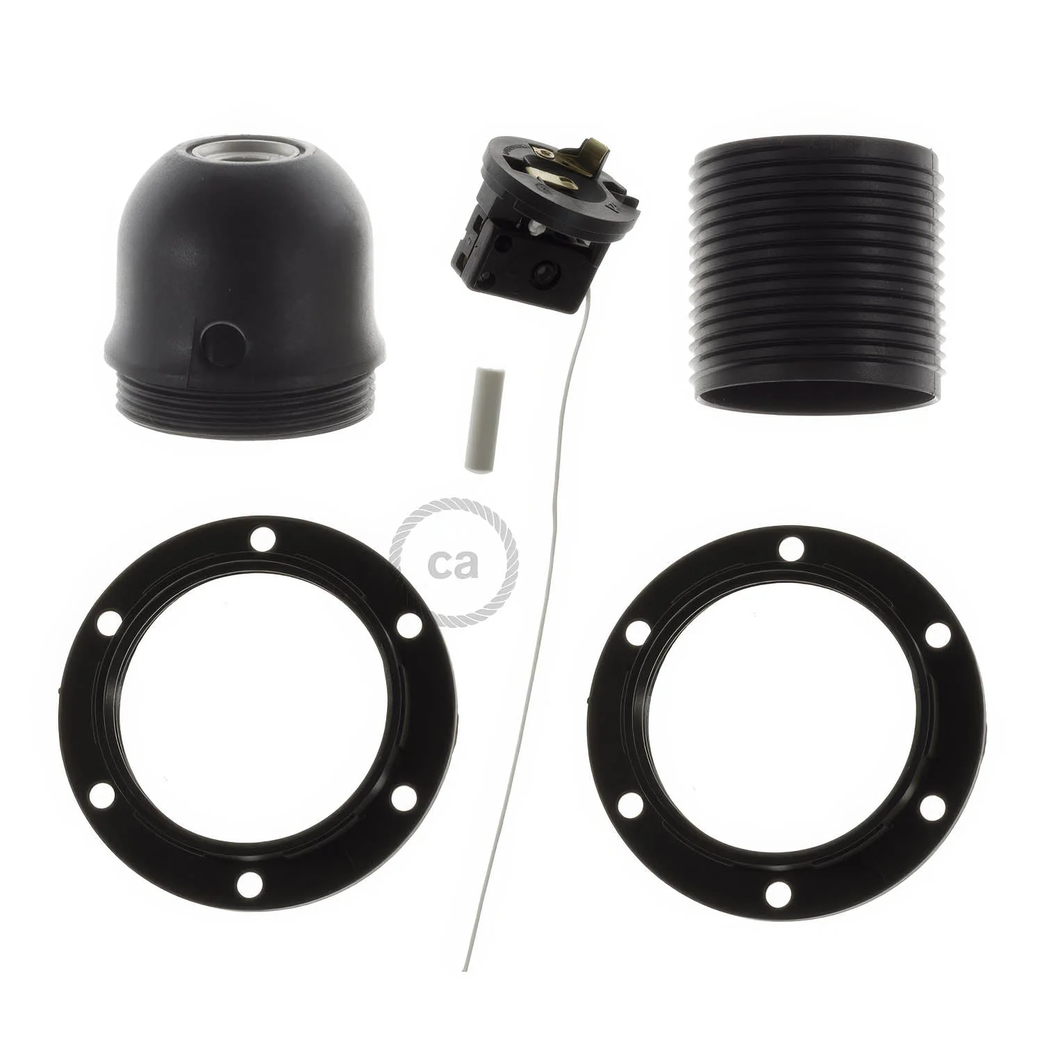E27 Lampenhalter-Set aus Thermoplast mit Doppelmutter für Lampenschirm und Zugschalter – Schwarz - Image 2