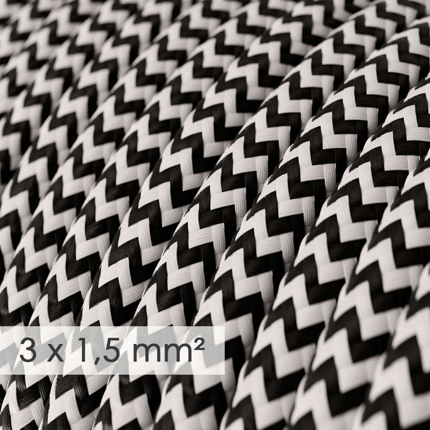 Elektrokabel mit großem Querschnitt 3x1,50 rund – Stoffummantelung Seideneffekt Schwarz Zickzack RZ04 - Image 2