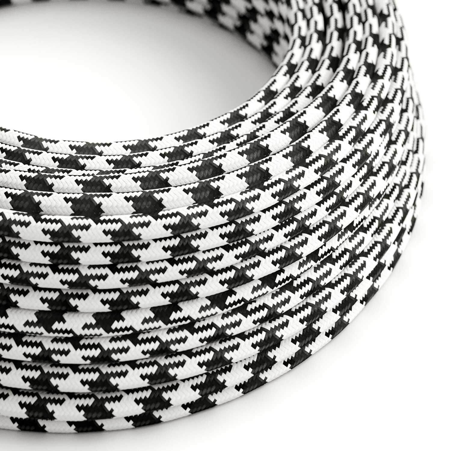 Farbkabel in Stoff Weiß Opal und Schwarz Carbon Pied de Poule glänzend – Das Original Creative Cables – RP04