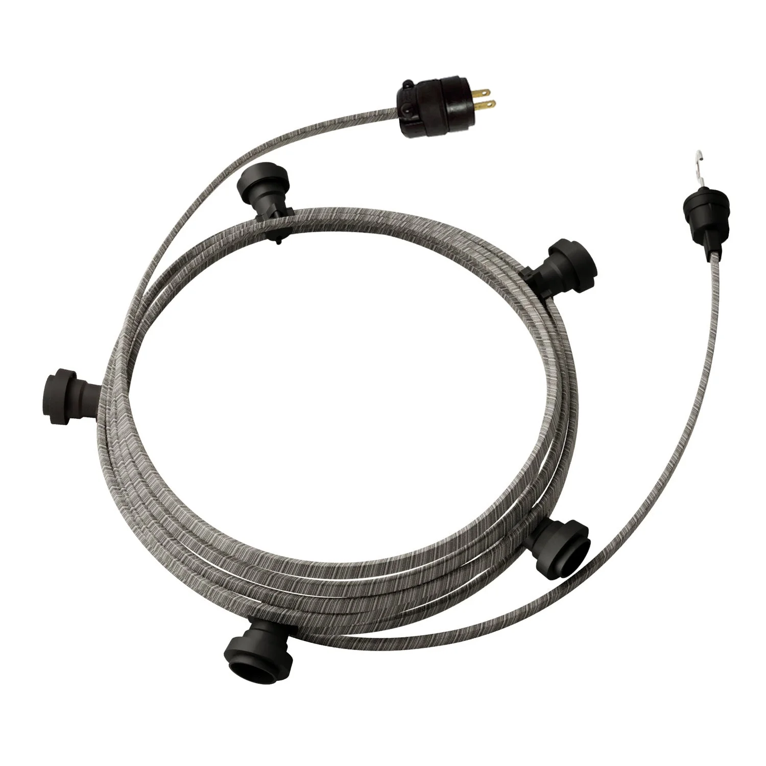 Bereit für den Einsatz: 25ft Lichterkette mit 5 schwarzen Fassungen, Haken und Stecker – ECC37