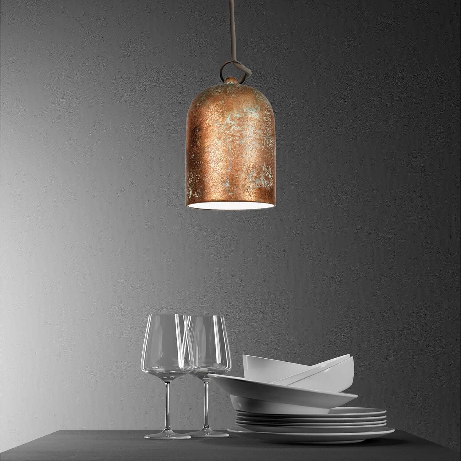 Mini-Glocke, XS Keramikschirm, Pendelleuchte – Made in Italy – Kupfergrün-Optik - Image 3