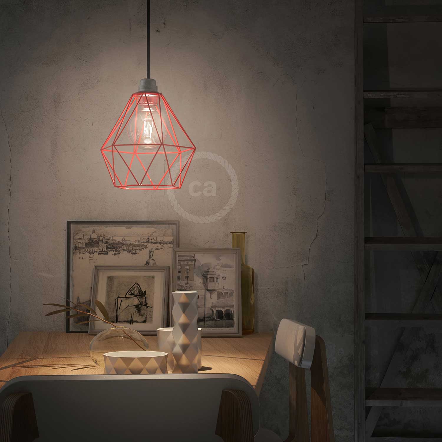 Pendelleuchte mit Textilkabel, Käfig-Schirm Diamond und Metall-Details – Rot - Image 2