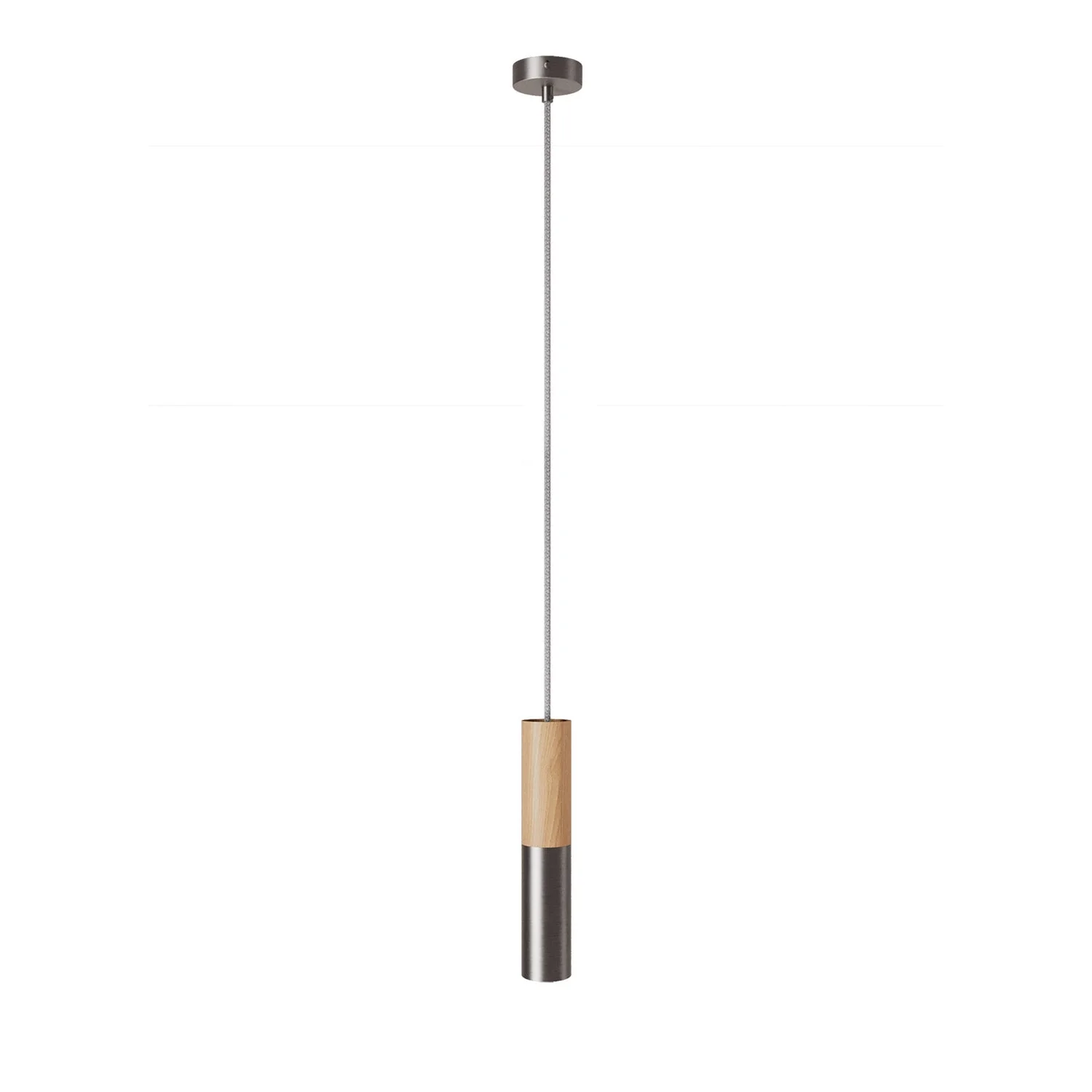 Pendelleuchte Made in Italy mit Textilkabel und doppeltem Tub-E14-Schirm aus Holz und Metall – Satin-Titan