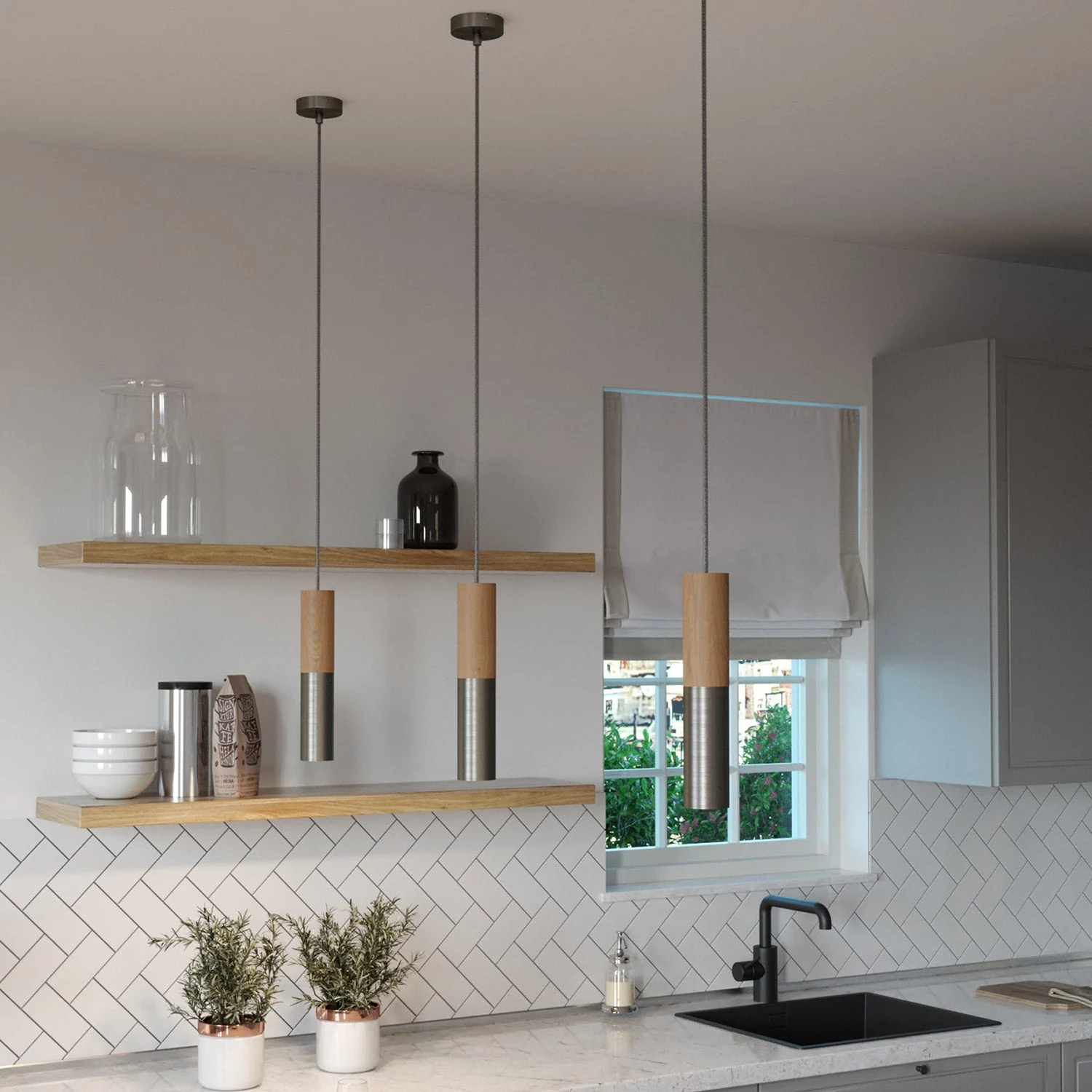 Pendelleuchte Made in Italy mit Textilkabel und doppeltem Tub-E14-Schirm aus Holz und Metall – Satin-Titan - Image 2