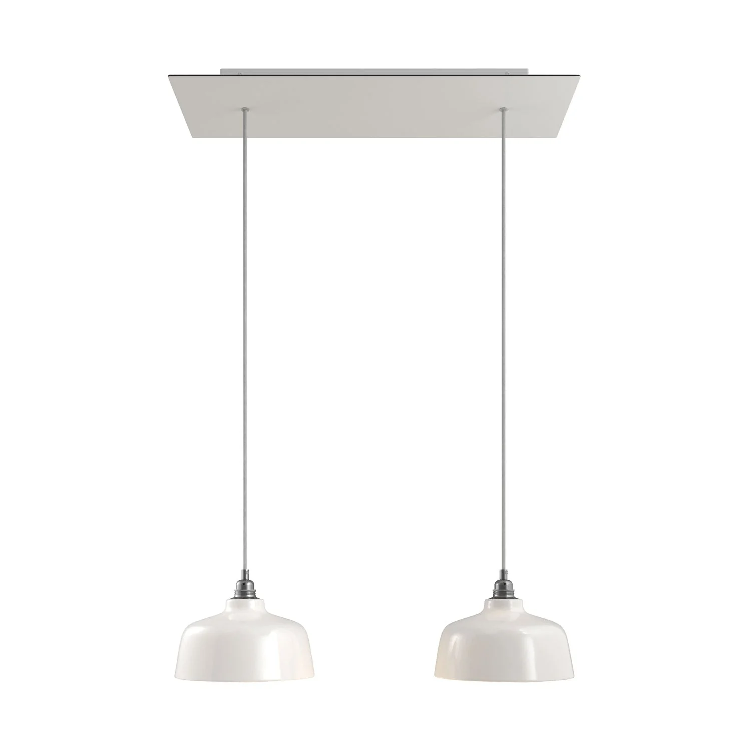 Pendelleuchte mit 2 Abhängungen, rechteckigem XXL Rose-One Baldachin 675 mm und Schirm Coppa – Mattweiß