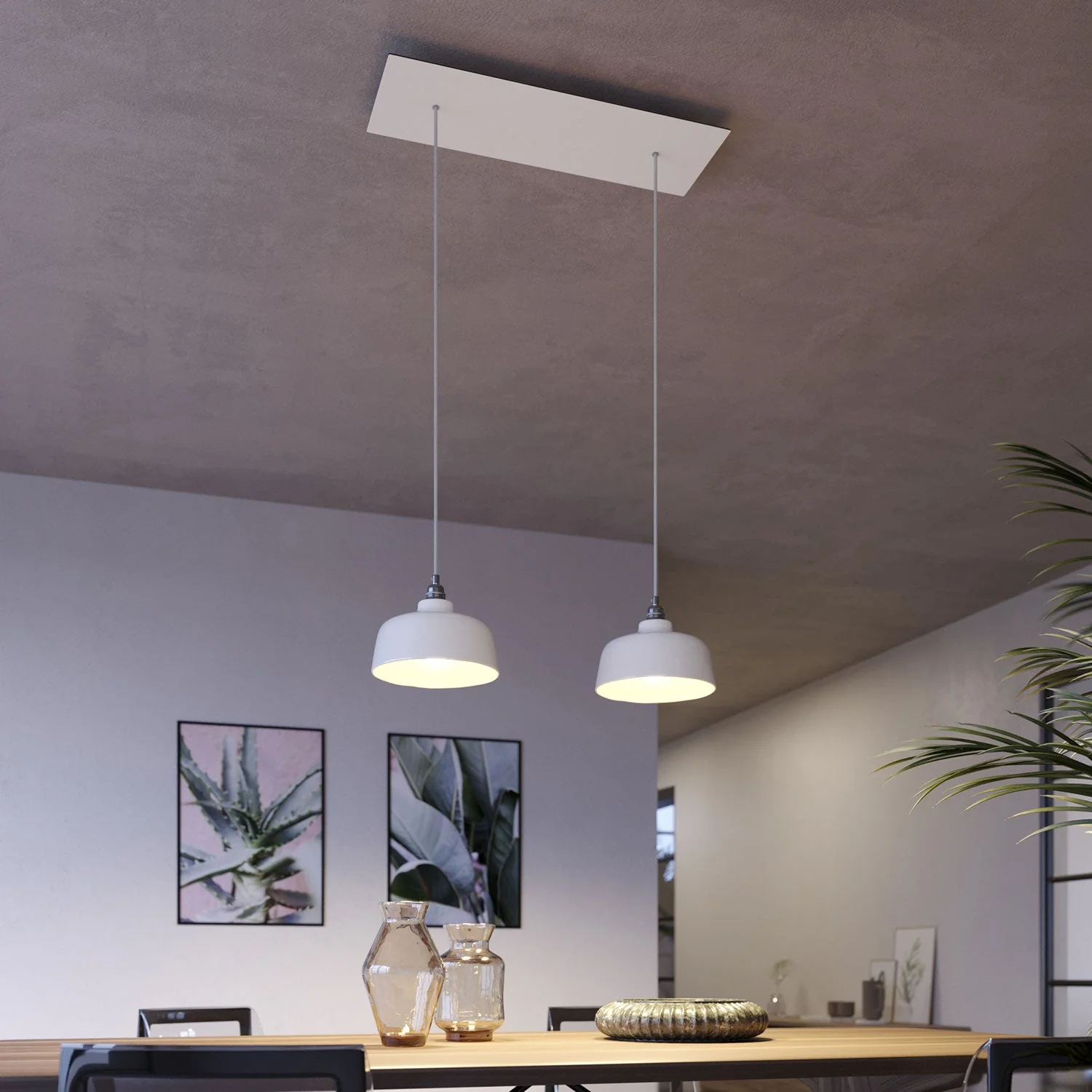 Pendelleuchte mit 2 Abhängungen, rechteckigem XXL Rose-One Baldachin 675 mm und Schirm Coppa – Mattweiß - Image 2