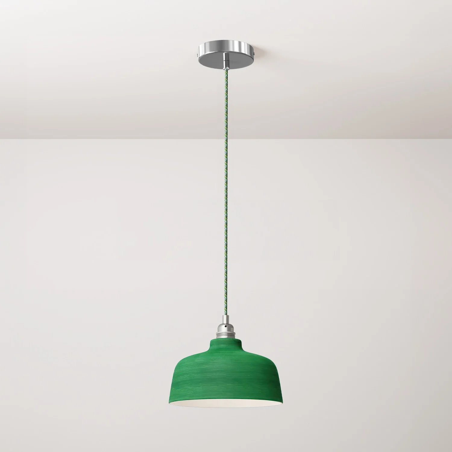 Pendelleuchte komplett mit Textilkabel, keramischem Coppa-Schirm und Metallteilen – Evergreen gestreift