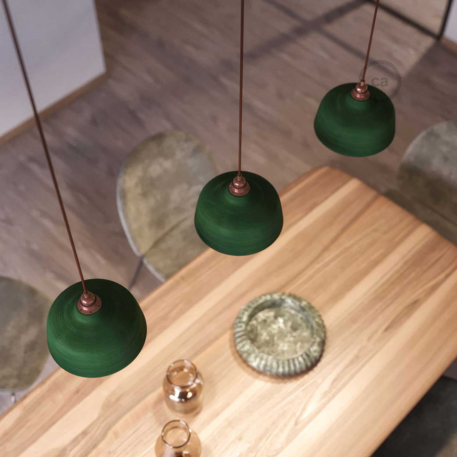 Pendelleuchte komplett mit Textilkabel, keramischem Coppa-Schirm und Metallteilen – Evergreen gestreift - Image 3
