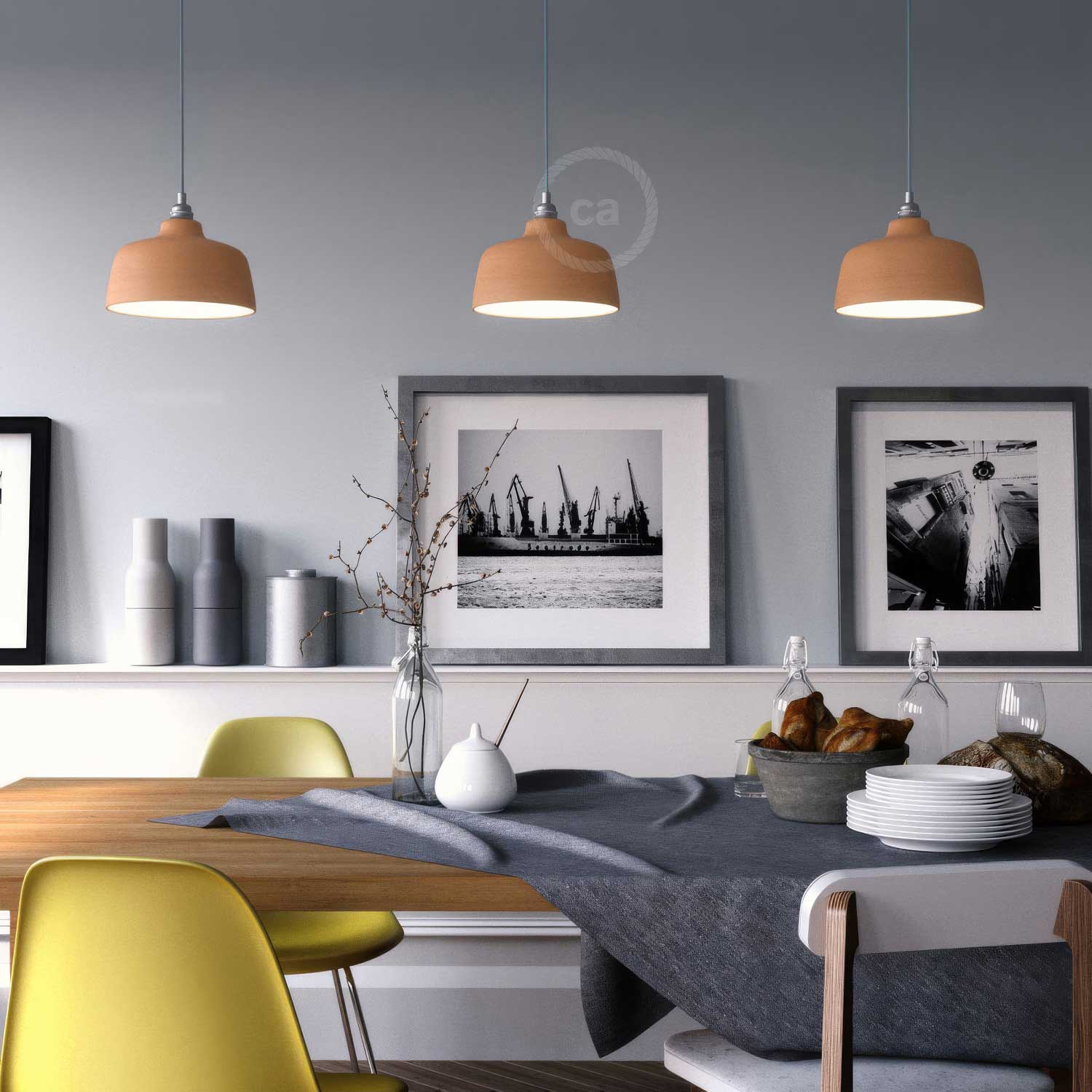 Pendelleuchte mit Textilkabel, Coppa-Keramikschirm und Metall-Details – Gestreiftes Terrakotta - Image 2