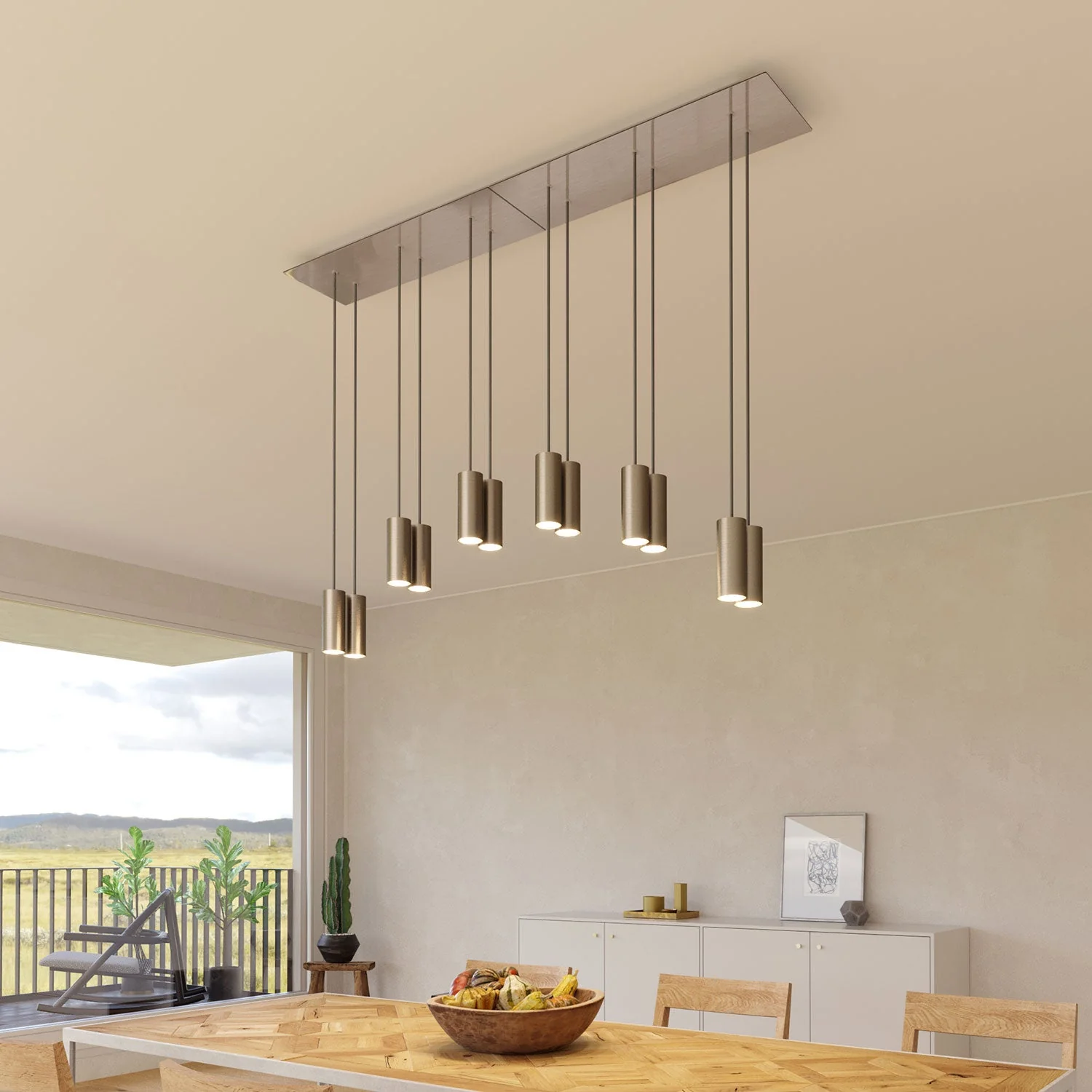 Pendelleuchte mit 6 Abhängungen, XXL Rose-One rechteckig 675 mm mit Tub-E14 Metallschirm – Mattstahl - Image 2