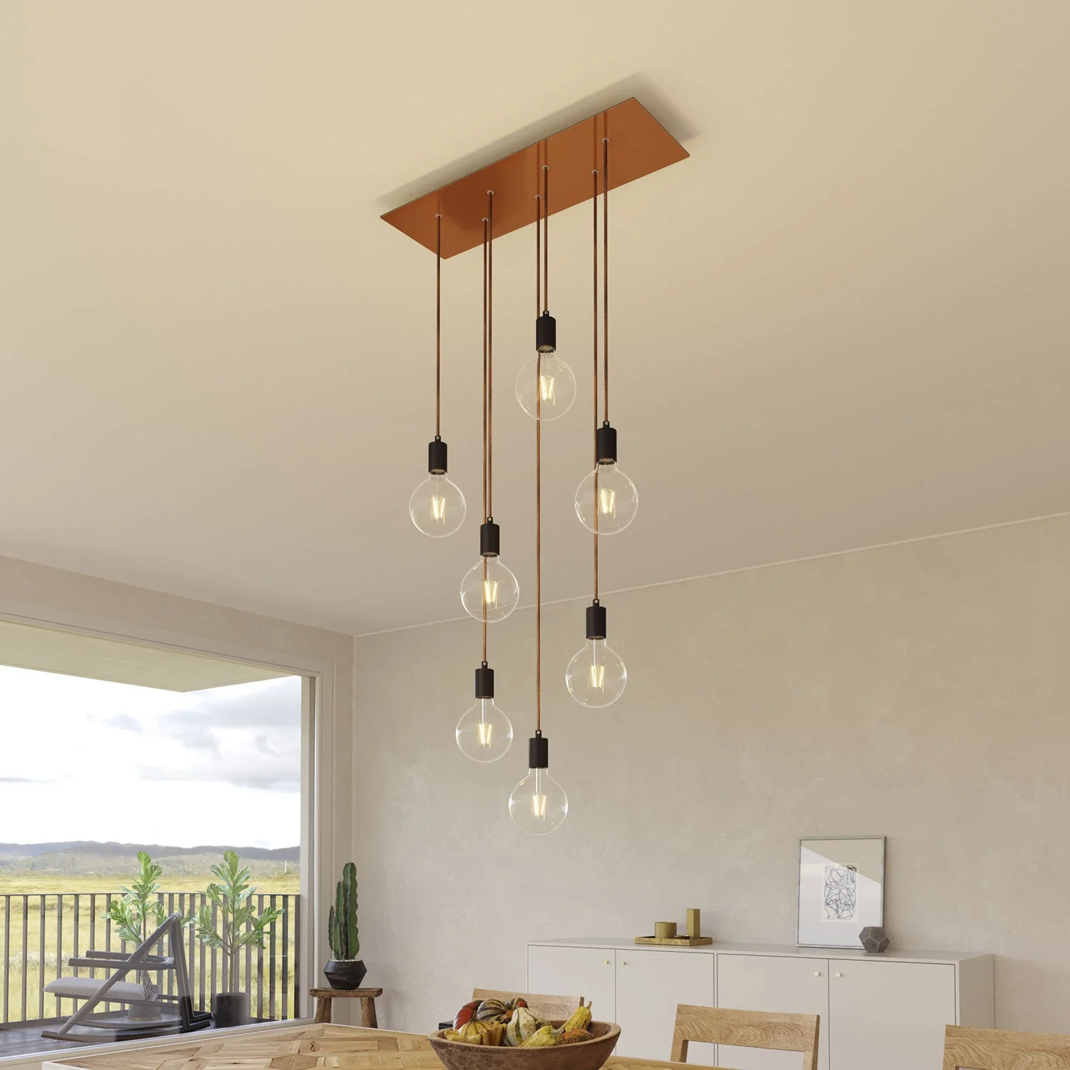 Pendelleuchte mit 7 Abhängungen und XXL Rose-One-Rechteck, 675 mm, mit Metallfinish – Satiniertes Kupfer - Image 2