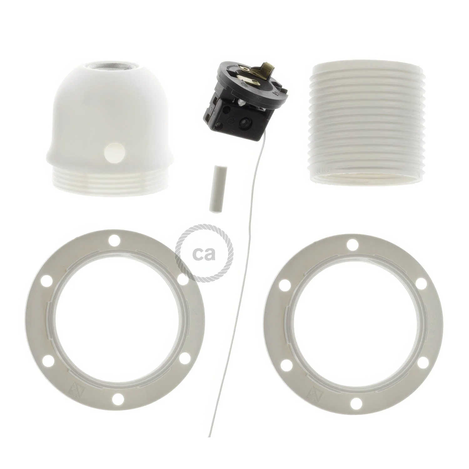 E27 Lampenfassungs-Kit aus Thermoplast mit Doppelring für Lampenschirm und Zugschalter – Weiß - Image 2