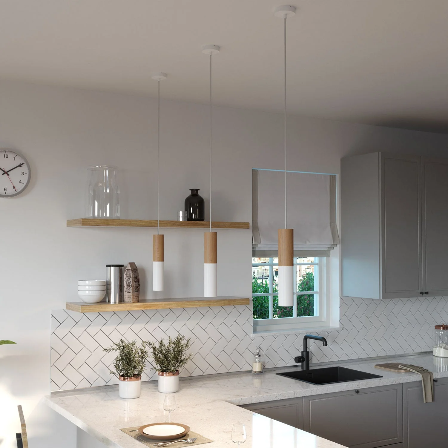 Pendelleuchte komplett mit Textilkabel und Doppel-Lampenschirm Tub-E14 aus Holz und Metall – Mattweiß - Image 3