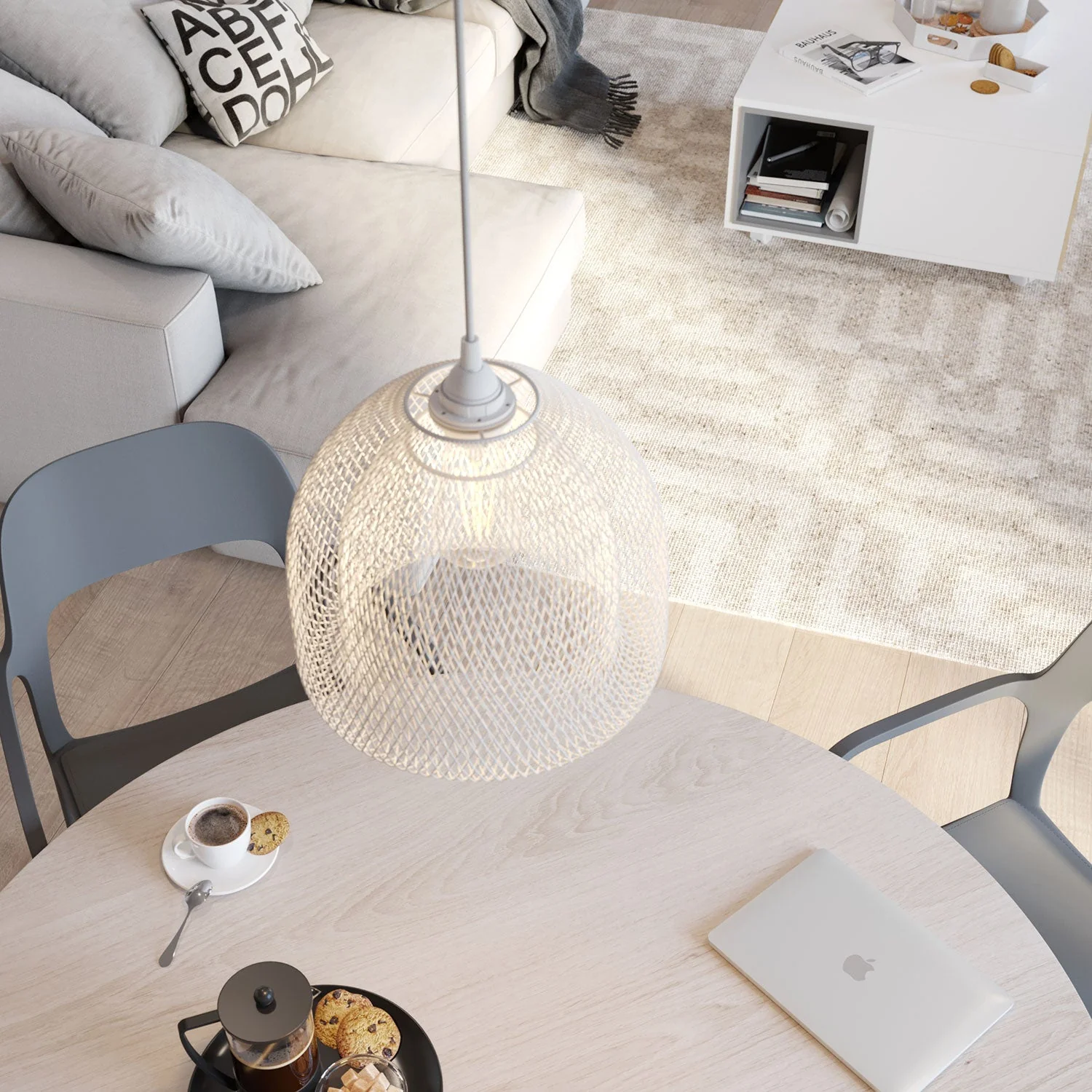 Pendelleuchte komplett mit Textilkabel, Ghostbell XL Gitter-Lampenschirm und Metalloberflächen – Weiß - Image 2
