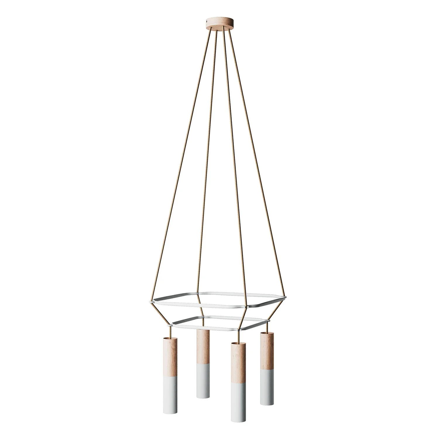 2 Cage Kronleuchter mit 4 Tub-E14 Doppelfassungen – Mattweiß