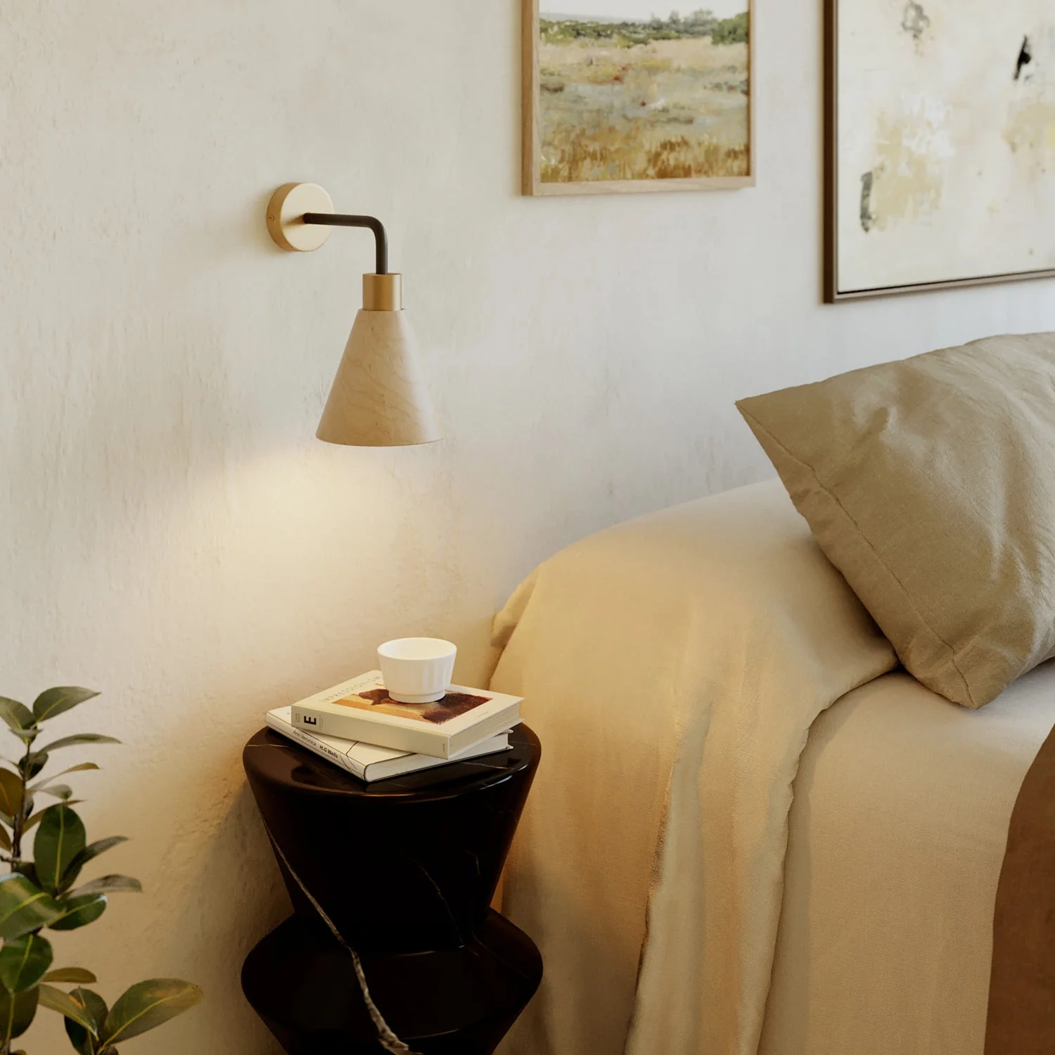 Fermaluce-Lampe mit konischem Holzschirm und gebogener Erweiterung – Satinbronze - Image 2