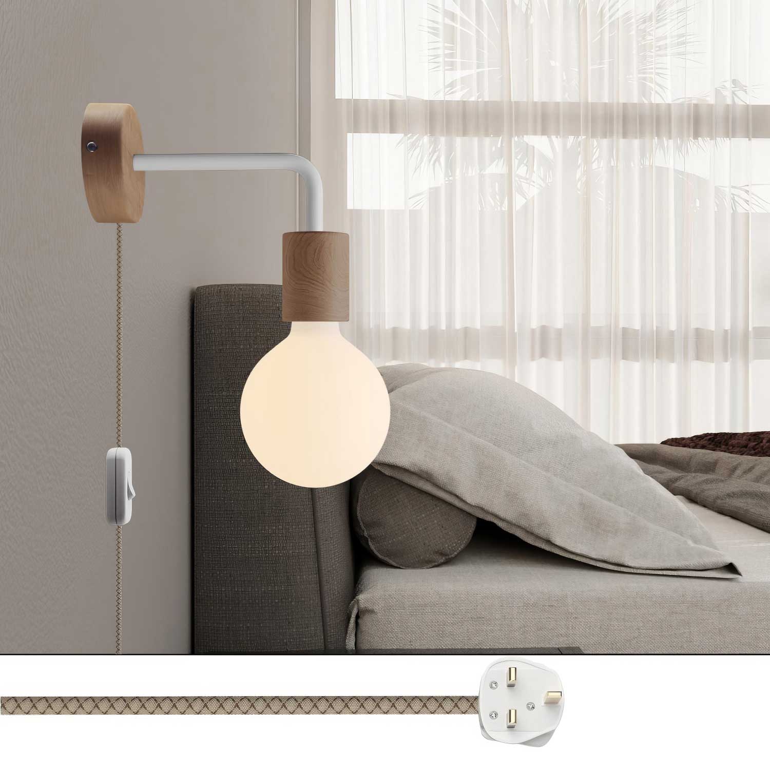 Spostaluce-Lampe aus Holz mit gebogenem Arm und UK-Stecker – Natur - Image 2