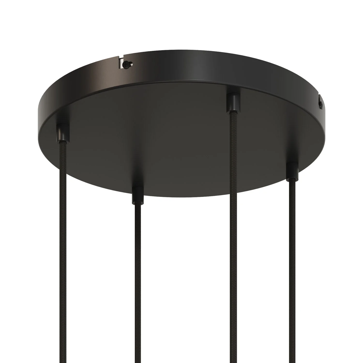 Runder Lampenbaldachin aus Aluminium Ø 30 cm mit Halterung und Erdungs-Textilkabel, mit 4 Frontbohrungen – Schwarz