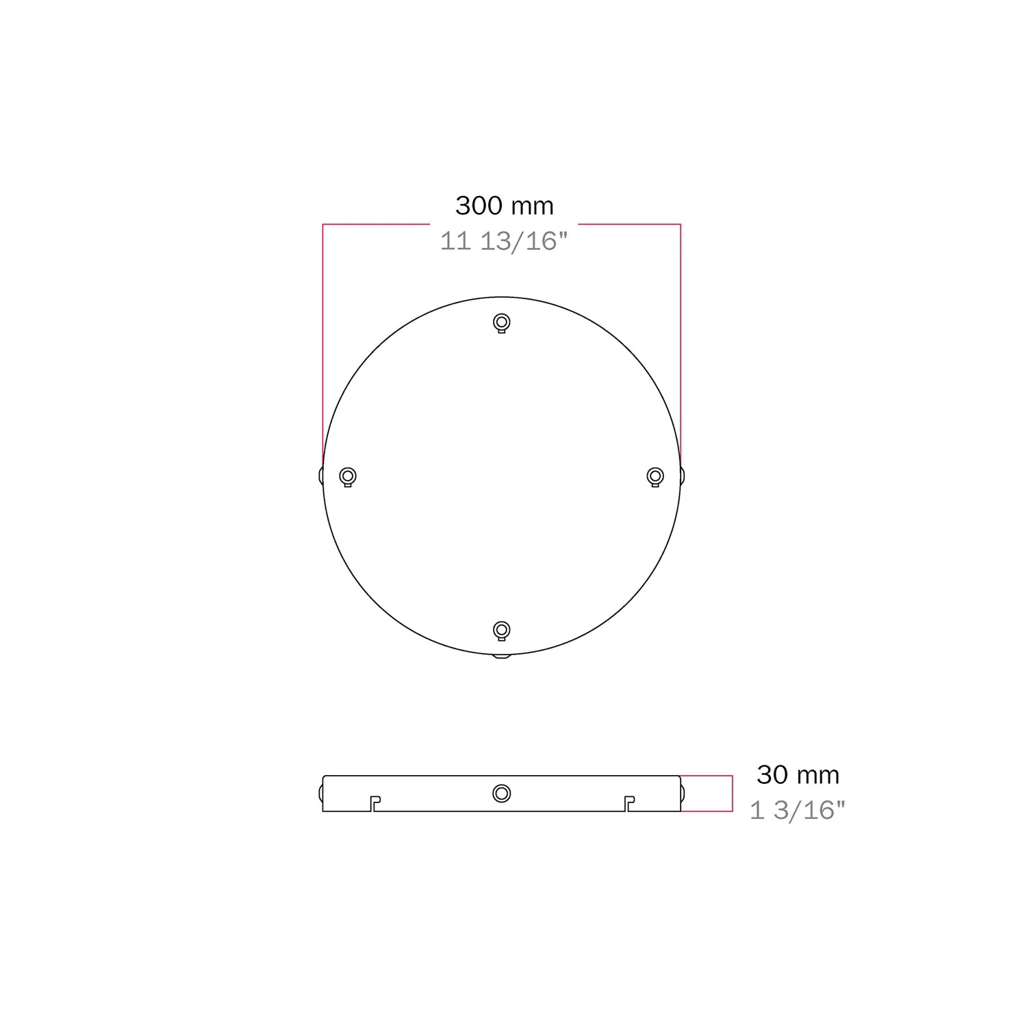 Runder Lampenbaldachin aus Aluminium Ø 30 cm mit Halterung und Erdungs-Textilkabel, mit 4 Frontbohrungen – Mattweiß - Image 20