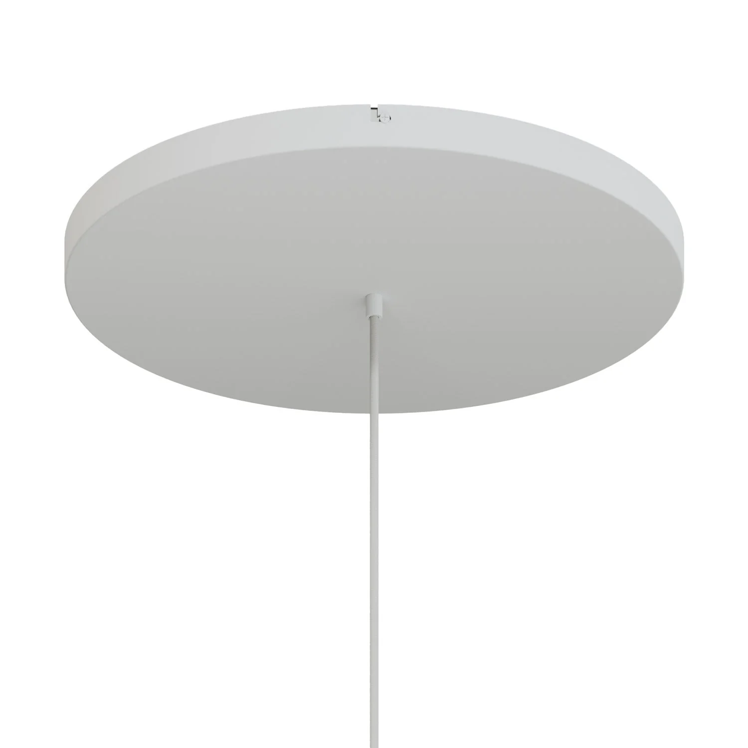 Runder Lampenbaldachin aus Aluminium Ø 50 cm mit Halterung und Schutzleiter-Textilkabel, mit 1 frontaler Bohrung – Mattweiß