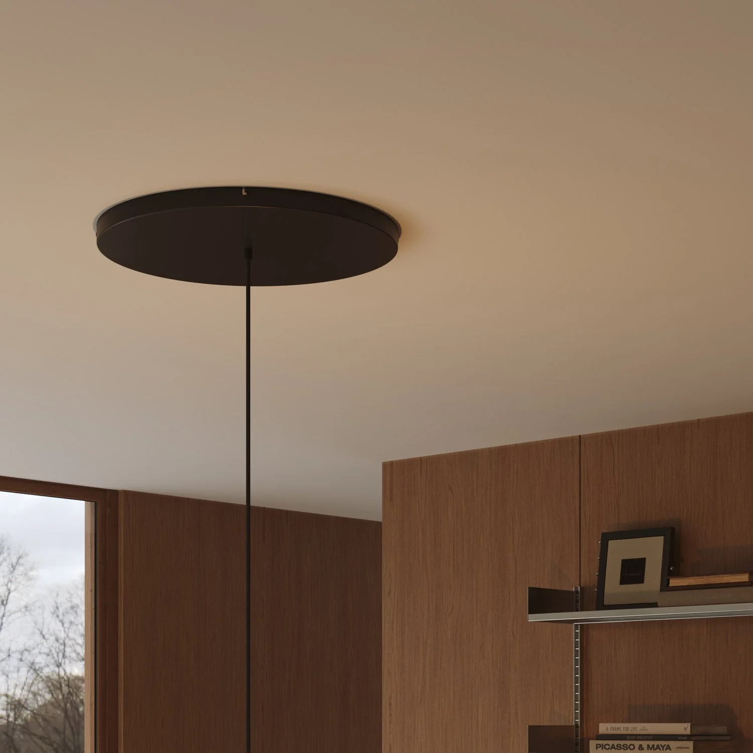 Runder Lampenbaldachin aus Aluminium Ø 50 cm mit Halterung und Erdungs-Textilkabel, mit 1 Frontbohrung – Schwarz - Image 3