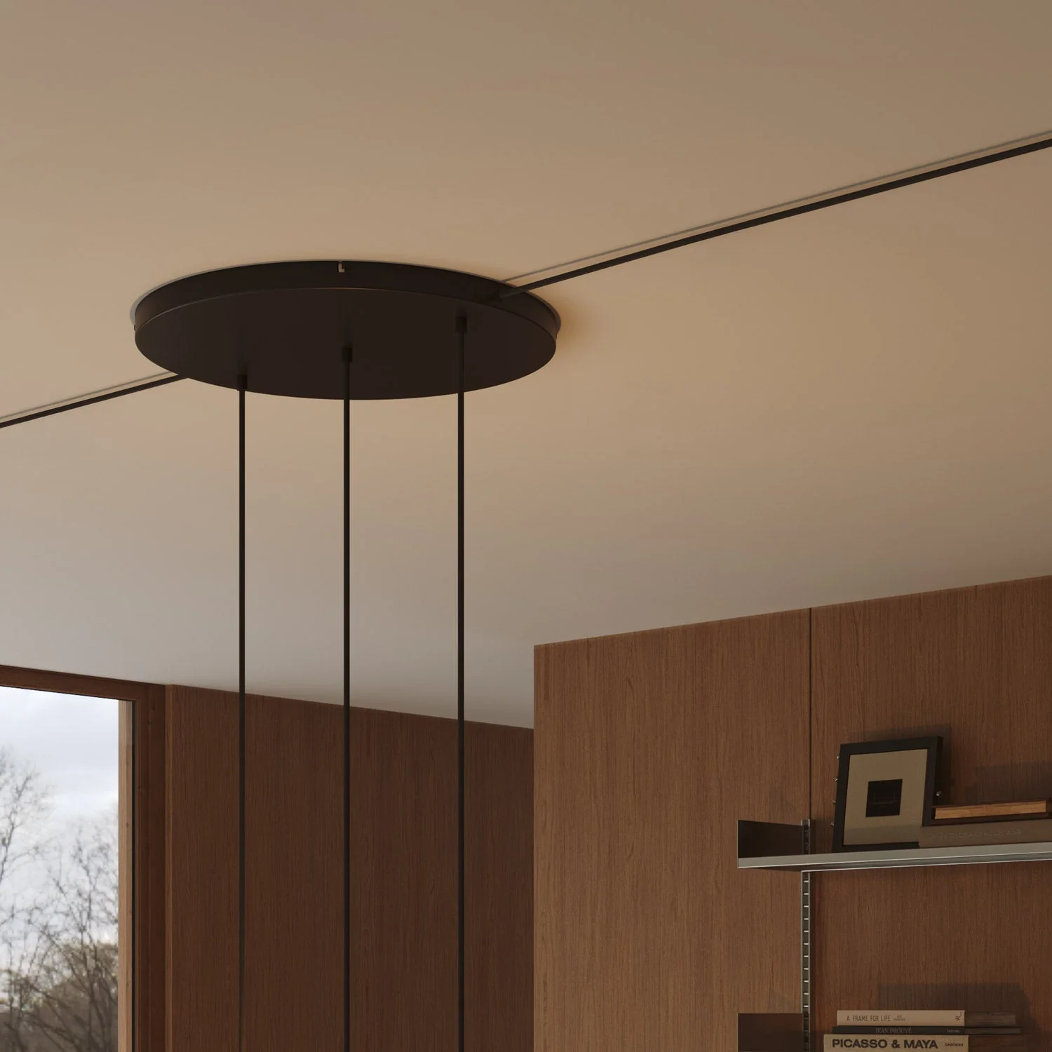 Runder Lampenbaldachin aus Aluminium Ø 50 cm mit Halterung und Erdungs-Textilkabel, mit 3 Frontbohrungen in Linie – Schwarz - Image 13