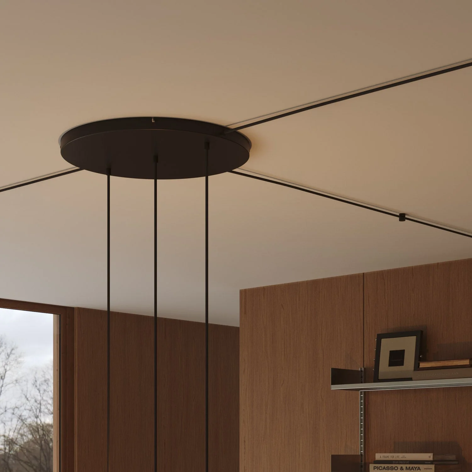 Runder Lampenbaldachin aus Aluminium Ø 50 cm mit Halterung und Erdungs-Textilkabel, mit 3 Frontbohrungen in Linie – Schwarz - Image 18
