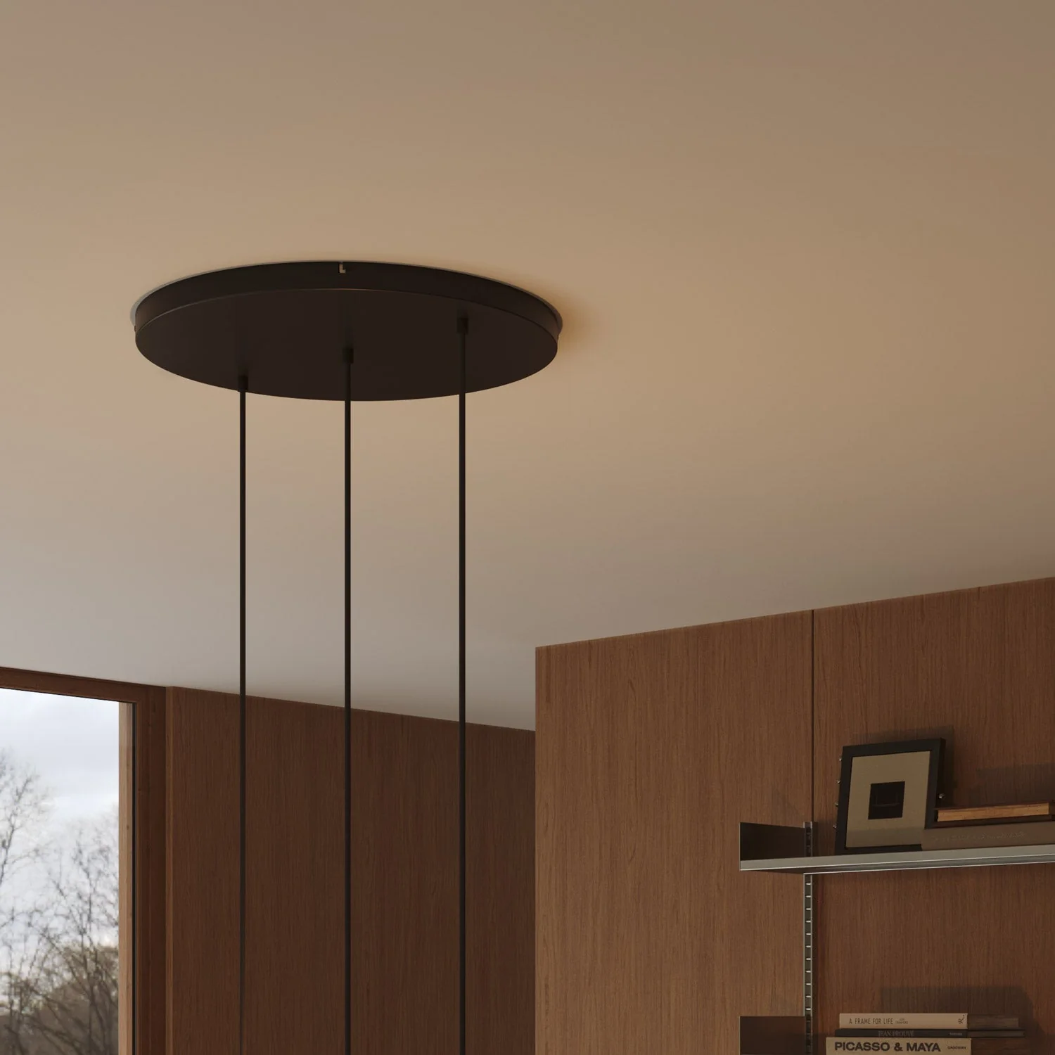 Runder Lampenbaldachin aus Aluminium Ø 50 cm mit Halterung und Erdungs-Textilkabel, mit 3 Frontbohrungen in Linie – Schwarz - Image 3