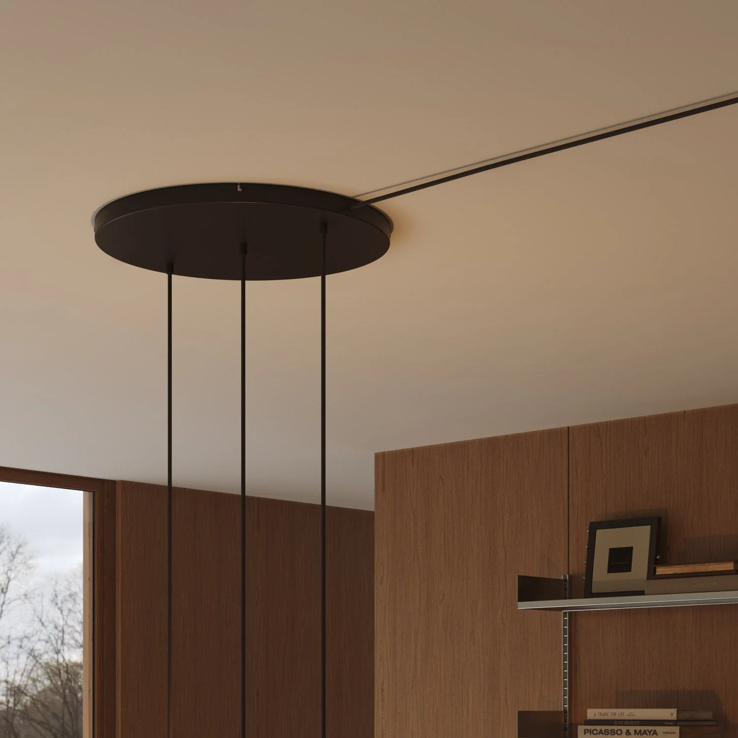 Runder Lampenbaldachin aus Aluminium Ø 50 cm mit Halterung und Erdungs-Textilkabel, mit 3 Frontbohrungen in Linie – Schwarz - Image 8
