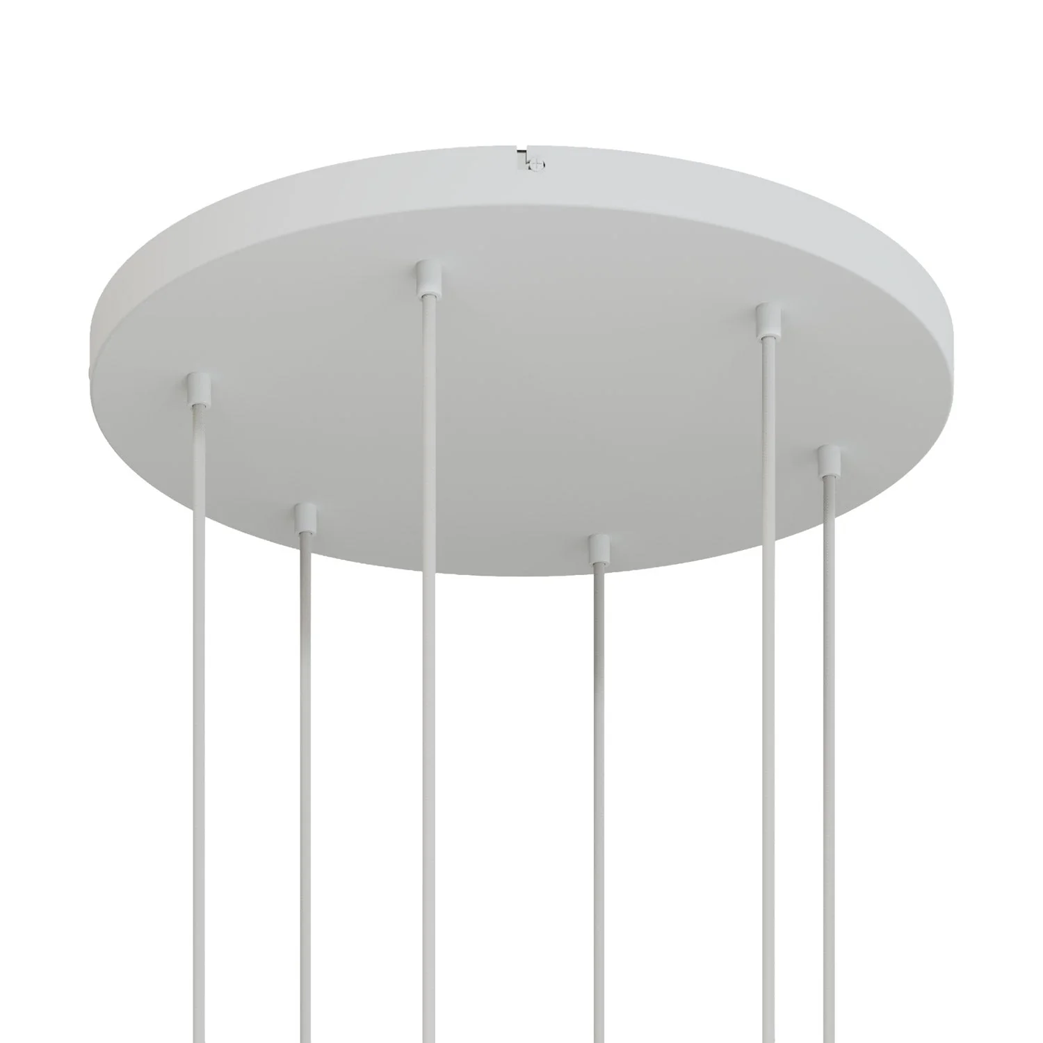 Runder Lampenbaldachin aus Aluminium Ø 50 cm mit Halterung und Schutzleiter-Textilkabel, mit 6 frontalen Bohrungen – Mattweiß