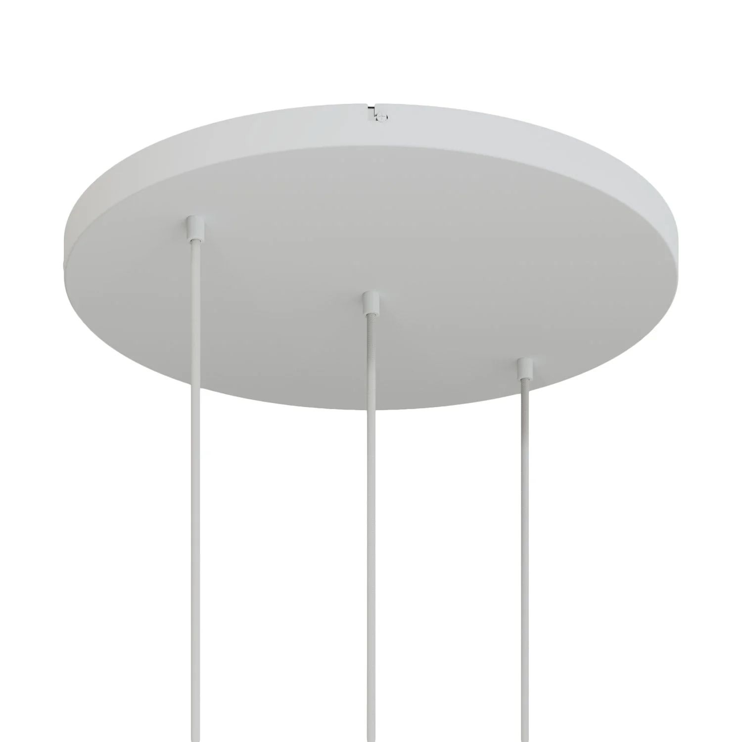 Runder Lampenbaldachin aus Aluminium Ø 50 cm mit Halterung und Erdungs-Textilkabel, mit 3 Frontbohrungen in Linie – Mattweiß
