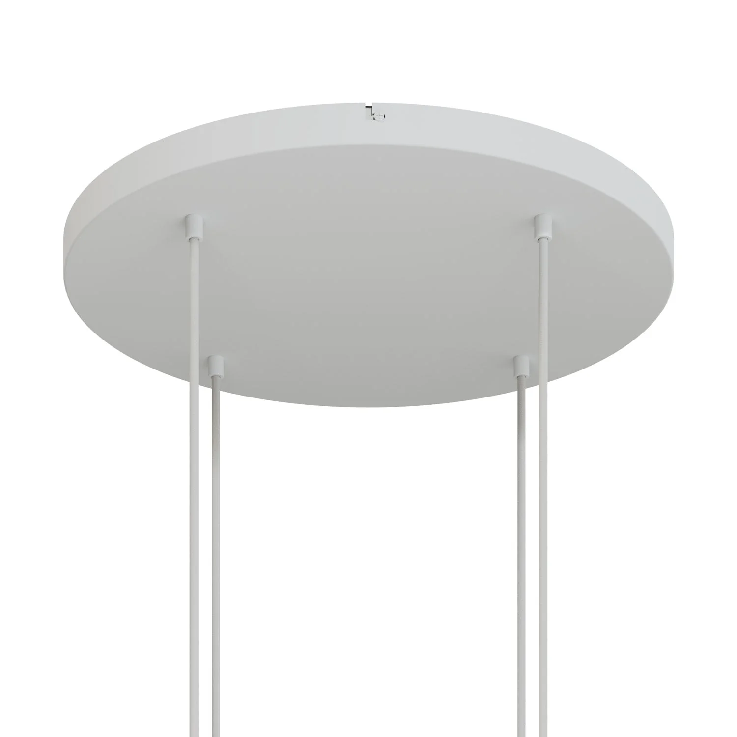 Runder Lampenbaldachin aus Aluminium Ø 50 cm mit Halterung und Schutzleiter-Textilkabel, mit 4 frontalen Bohrungen – Mattweiß