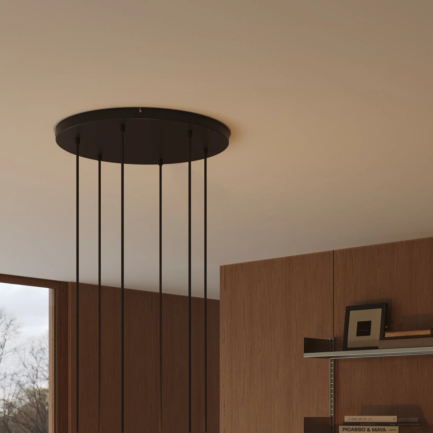 Runder Lampenbaldachin aus Aluminium Ø 50 cm mit Halterung und Erdungs-Textilkabel, mit 6 Frontbohrungen – Schwarz - Image 3