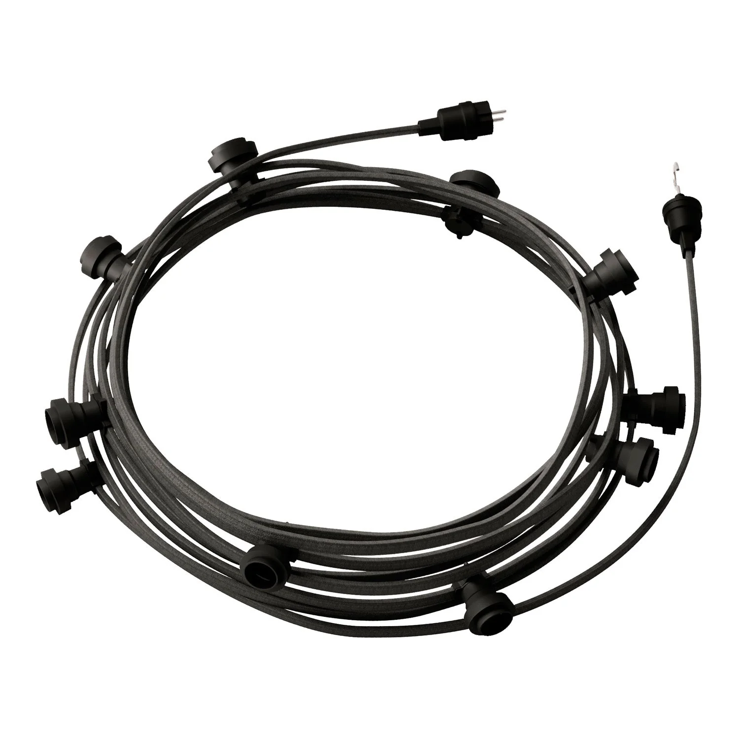 Lichterketten-System Lumet, 12,5 m mit Textilkabel CM03, 10 Lampenfassungen, Haken und Stecker schwarz