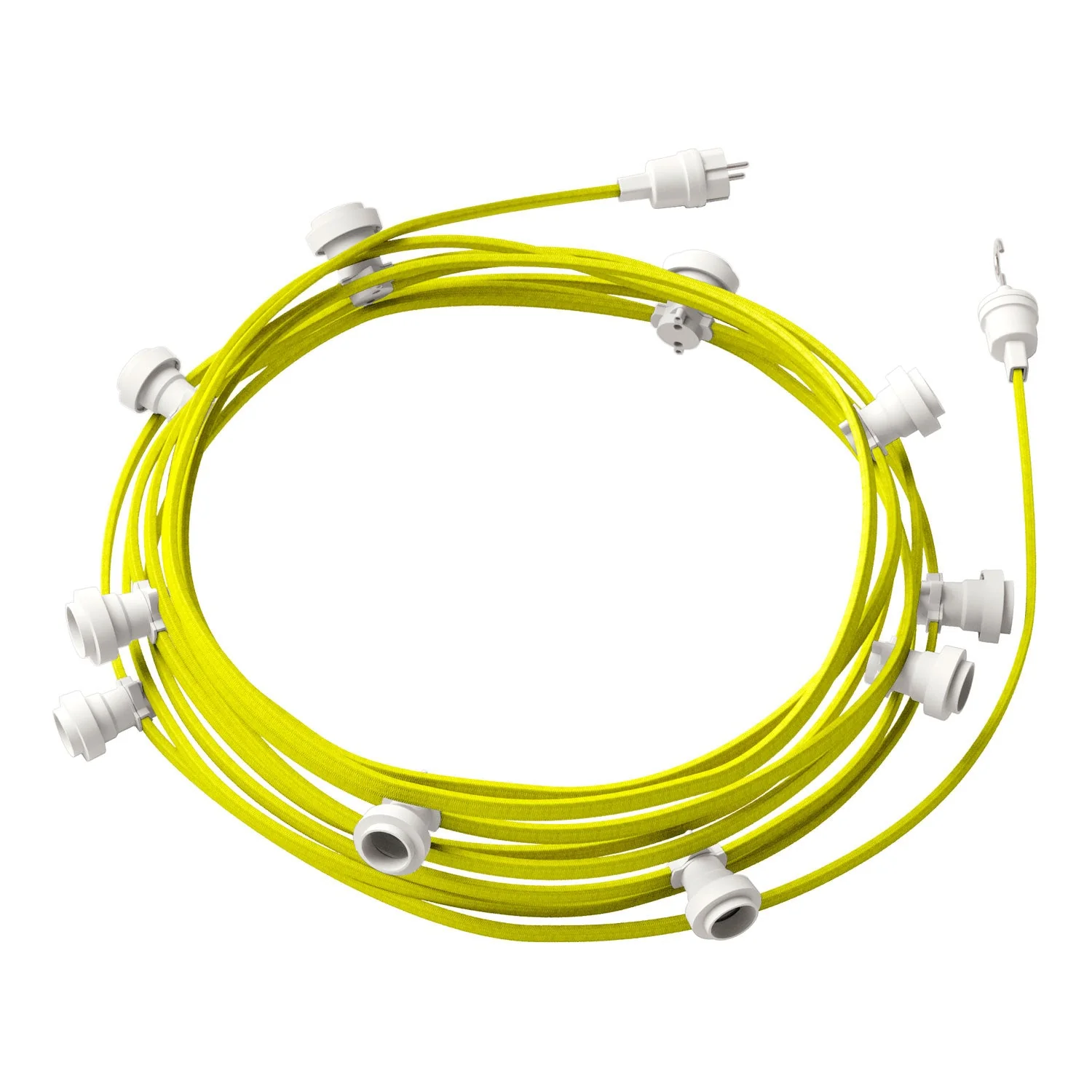 Lumet Lichterkettensystem 12,5 m mit CF10-Textilkabel, 10 Lampenfassungen, Haken und weißen Steckern