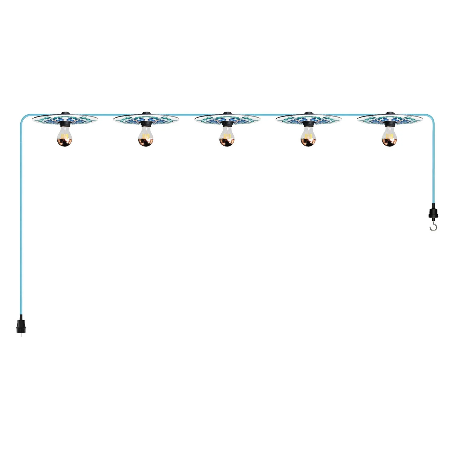Lumet-Lichterkettensystem "Maioliche" 7,5 m mit Textilkabel, 5 Lampenfassungen und blauen Schirmen, Haken und schwarzem Stecker