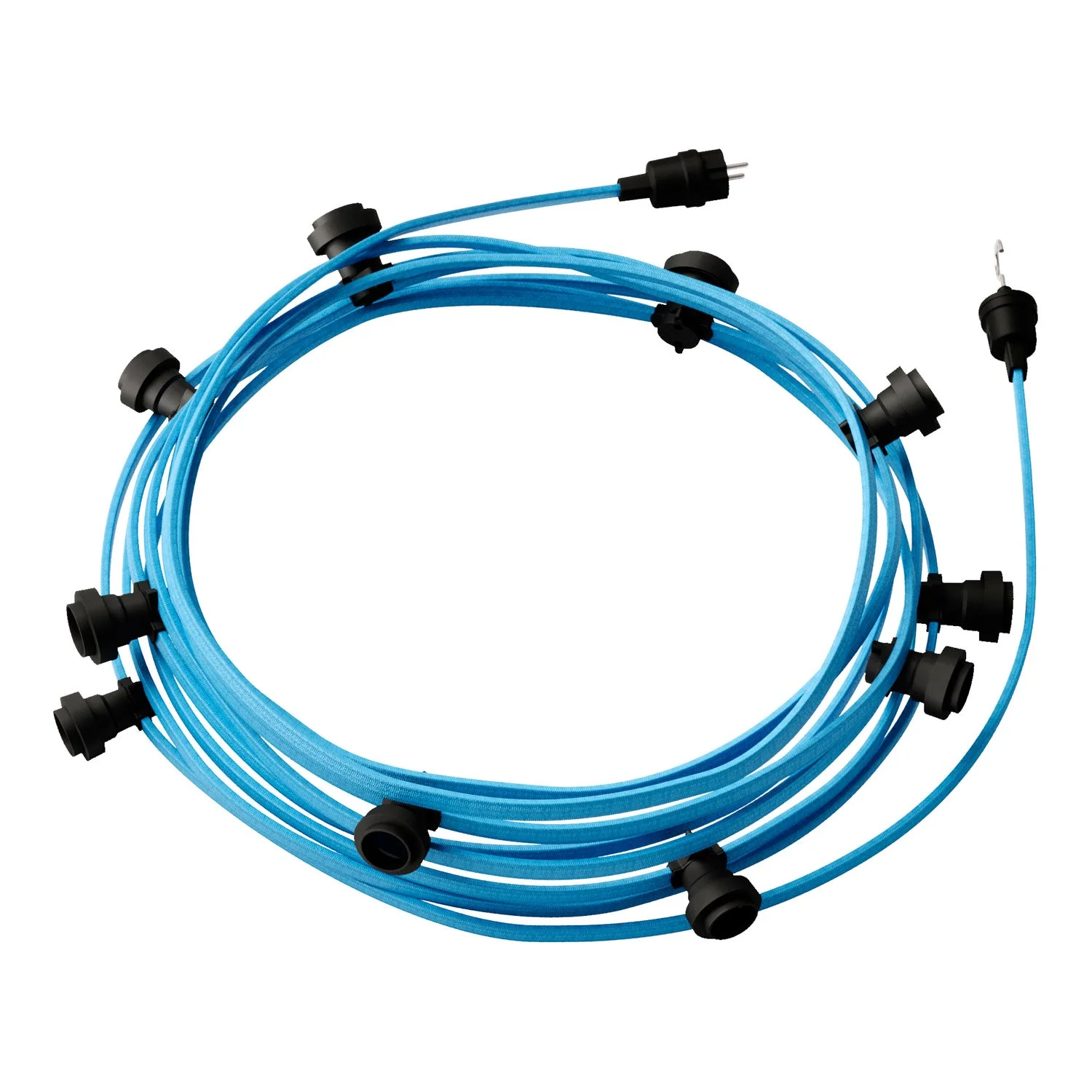 Lumet-Lichterkette 12,5 m mit Textilkabel CM17, 10 Fassungen, Haken und Stecker in Schwarz
