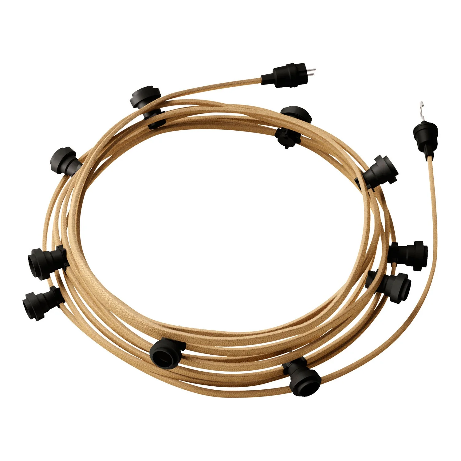 Lumet-System Lichterkette 12,5 m mit Textilkabel CN06, 10 Lampenfassungen, Haken und Steckern in Schwarz