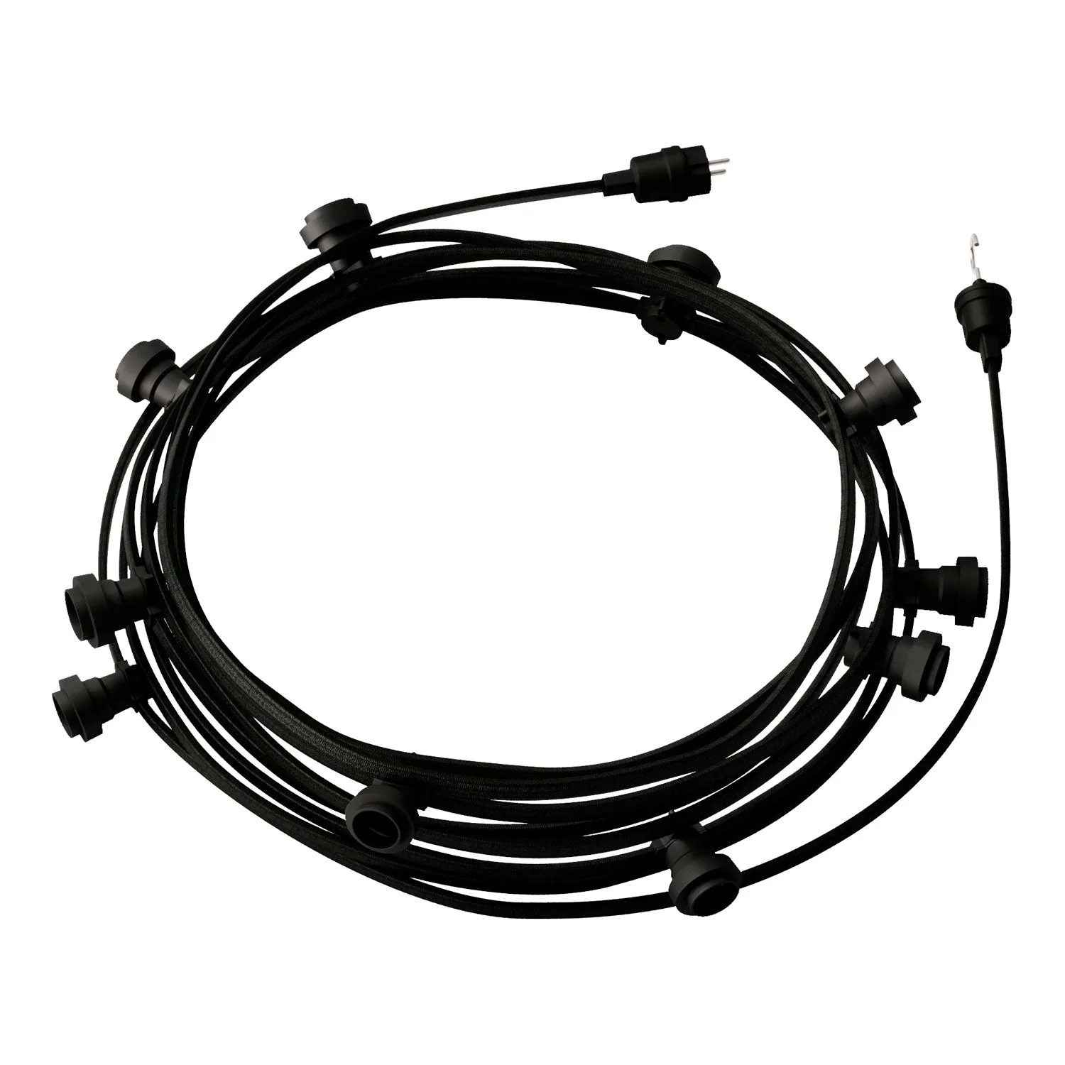 Kettenlichtsystem Lumet 12,5 m mit Stoffkabel CM04, 10 Lampenfassungen, Haken und schwarze Stecker