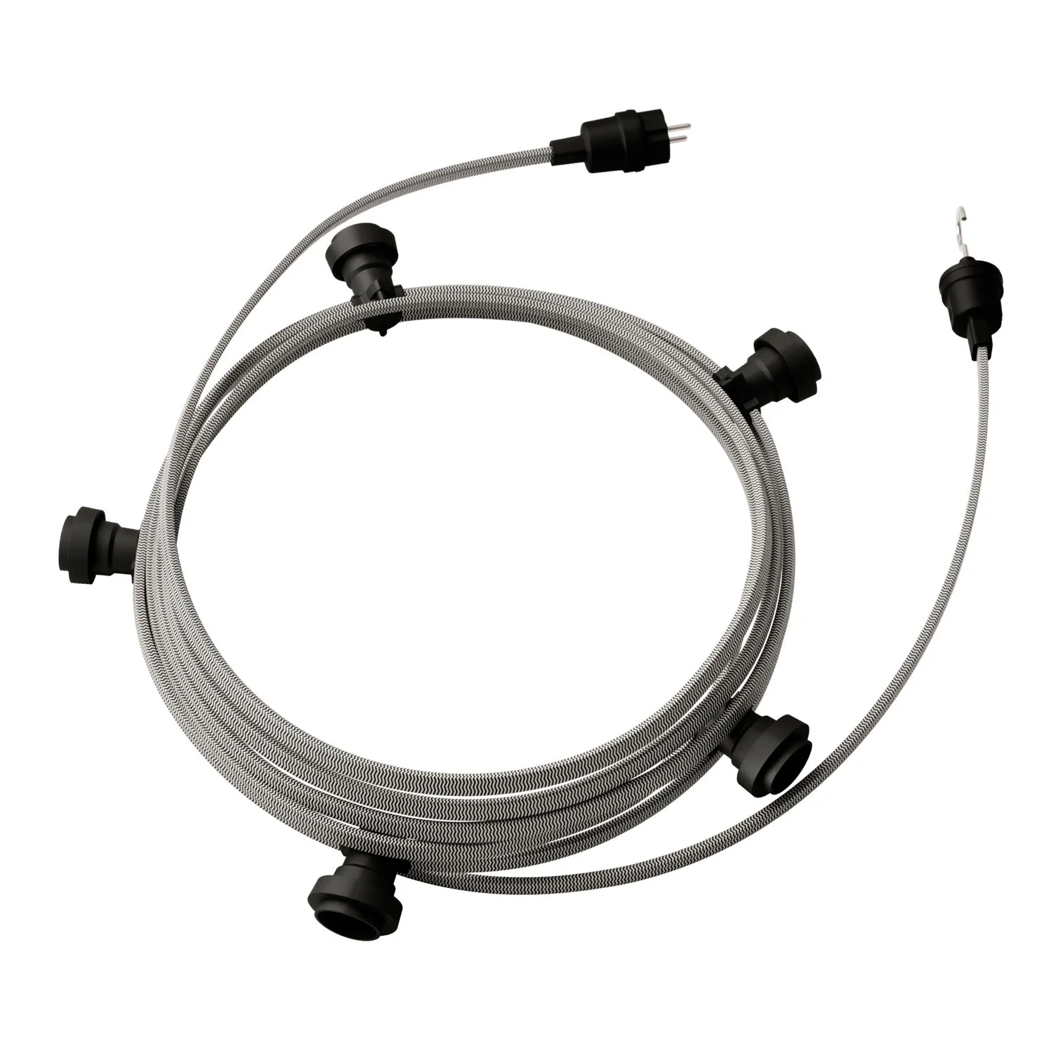 Lichterkette System Lumet, 7,5 m mit CZ04-Textilkabel, 5 Fassungen, Haken und schwarzen Stecker
