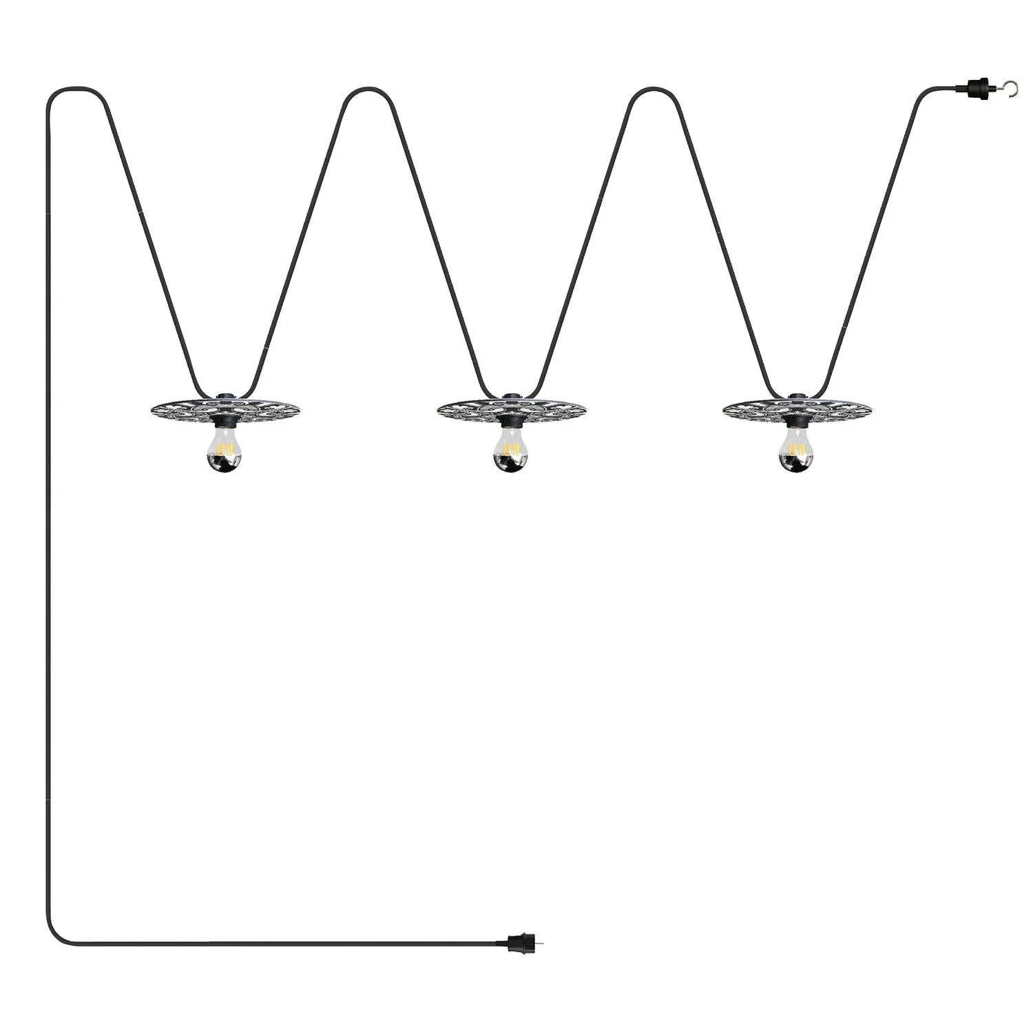 Lumet Lichterkette „Maioliche“ 10 m mit Textilkabel, 3 Fassungen und Schirmen Weiß & Schwarz, Haken und schwarzer Stecker