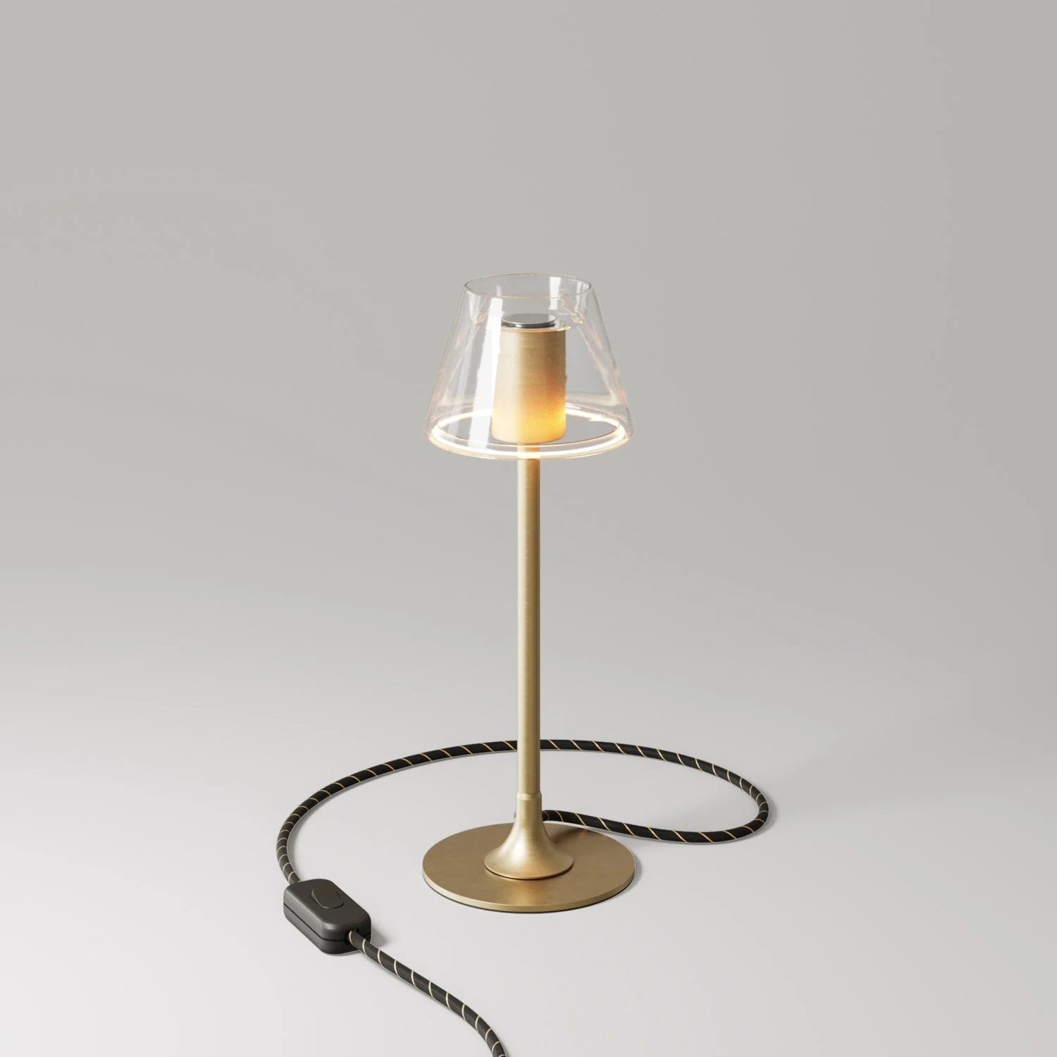 MAG-Y Tischlampe mit rundem Metallfuß und transparenter Ghost Mini Cone Glühbirne – Gebürstete Bronze