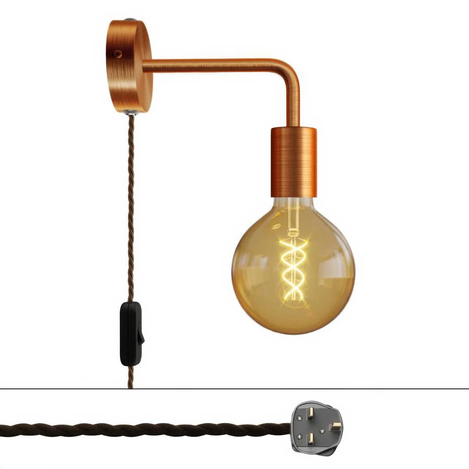 Spostaluce Lampe aus Metall mit gebogener Verlängerung und UK-Stecker – Satin-Kupfer