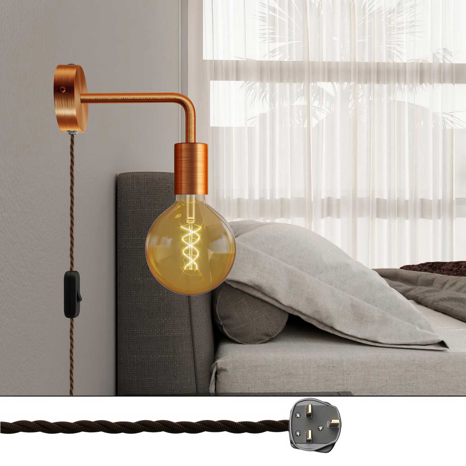 Spostaluce Lampe aus Metall mit gebogener Verlängerung und UK-Stecker – Satin-Kupfer - Image 2