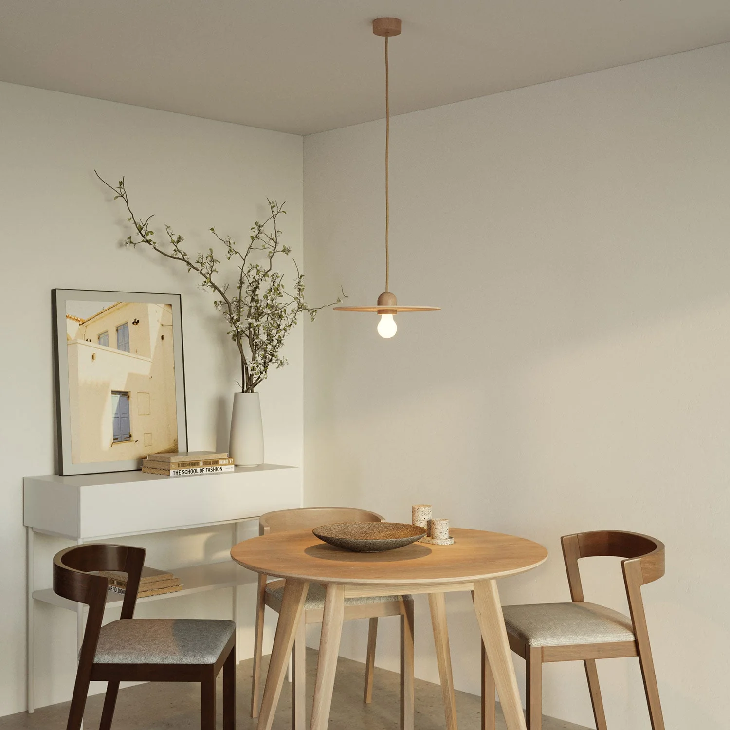 Pendelleuchte aus Holz komplett mit Textilkabel und UFO-Lampenschirm – Neutral - Image 2