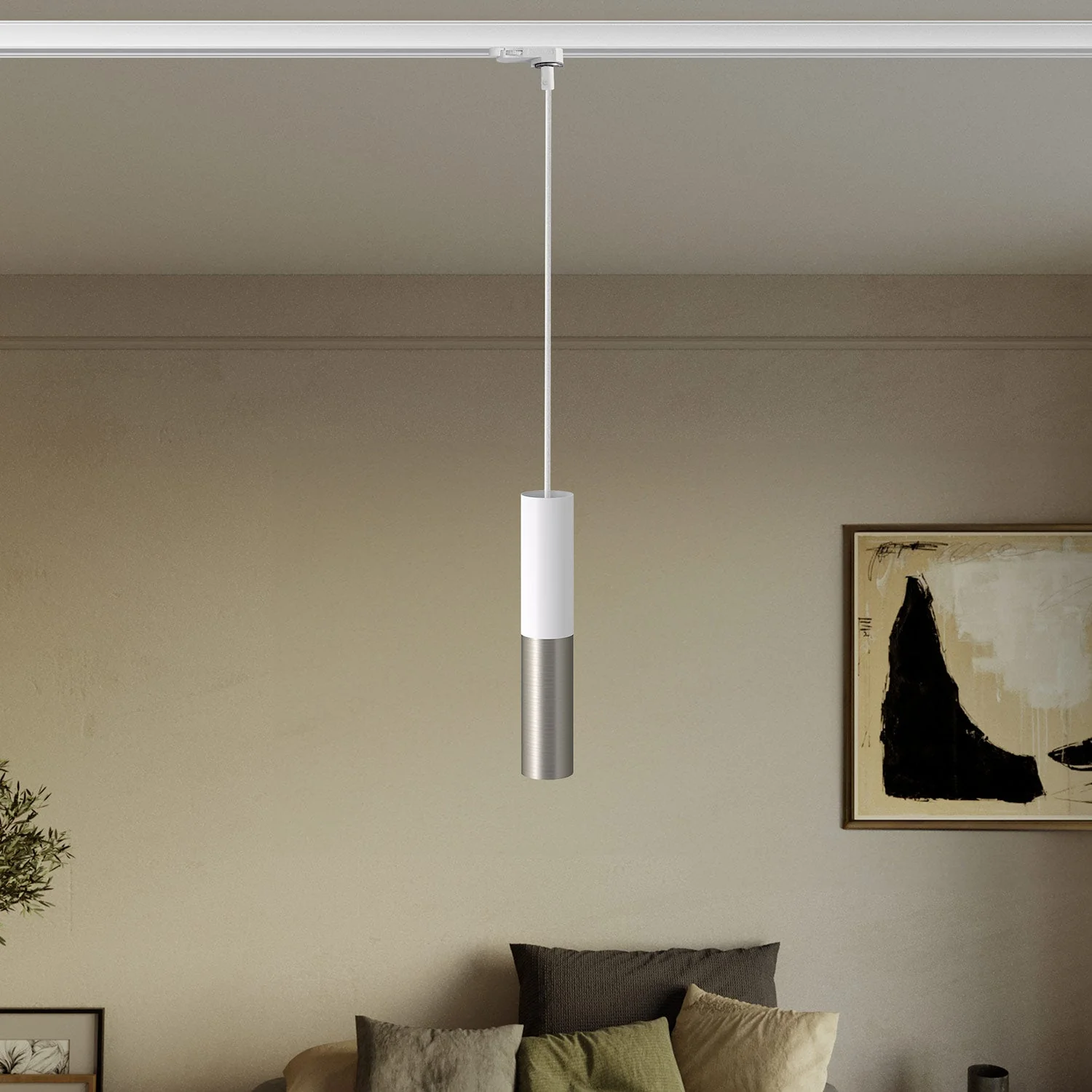 Pendelleuchte für Stromschienen mit Doppel-Lampenschirm Tub-E14 – Weiß und Satin-Titan - Image 2