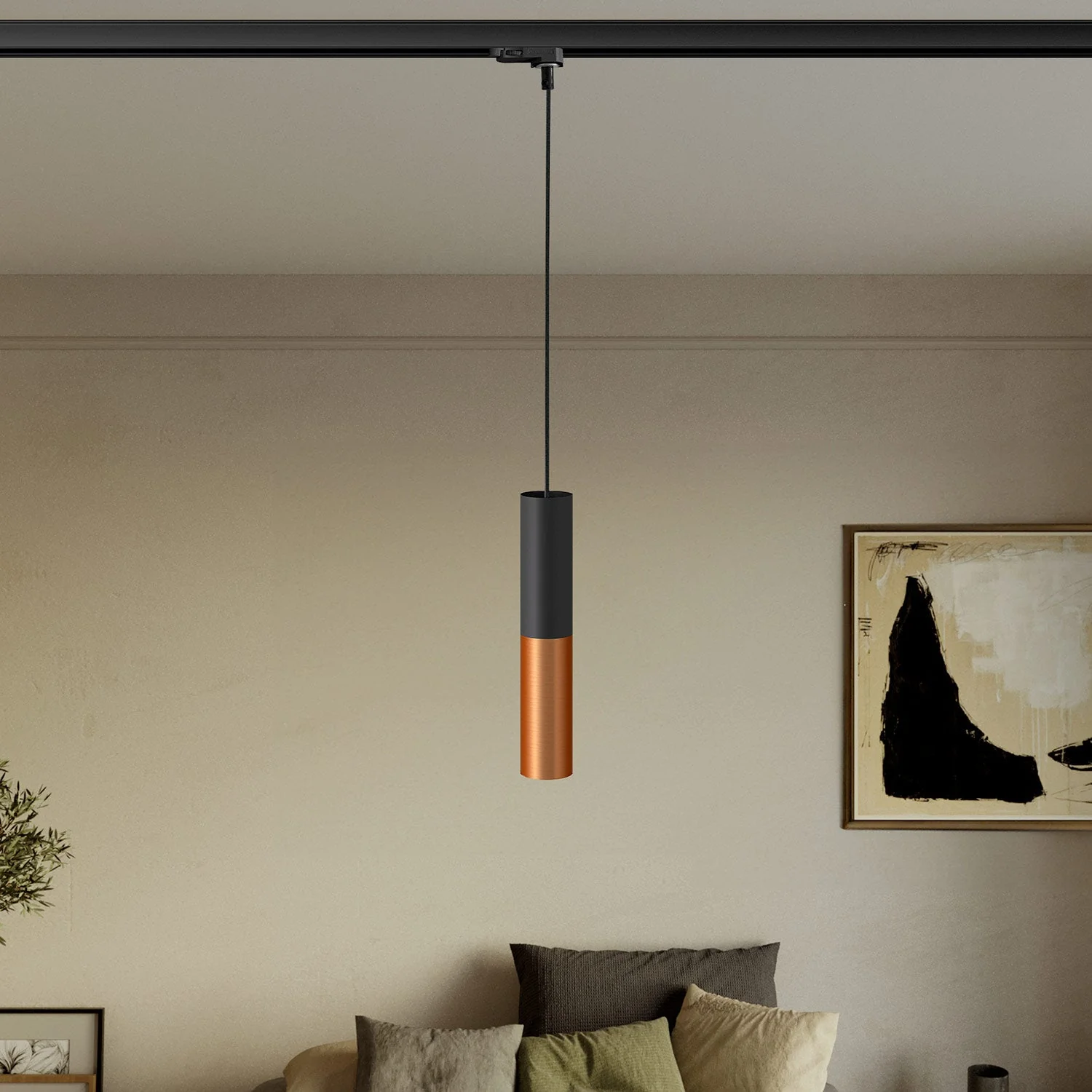 Schienenpendelleuchte mit Doppel-Lampenschirm Tub-E14 - Schwarz & Satin-Kupfer - Image 2