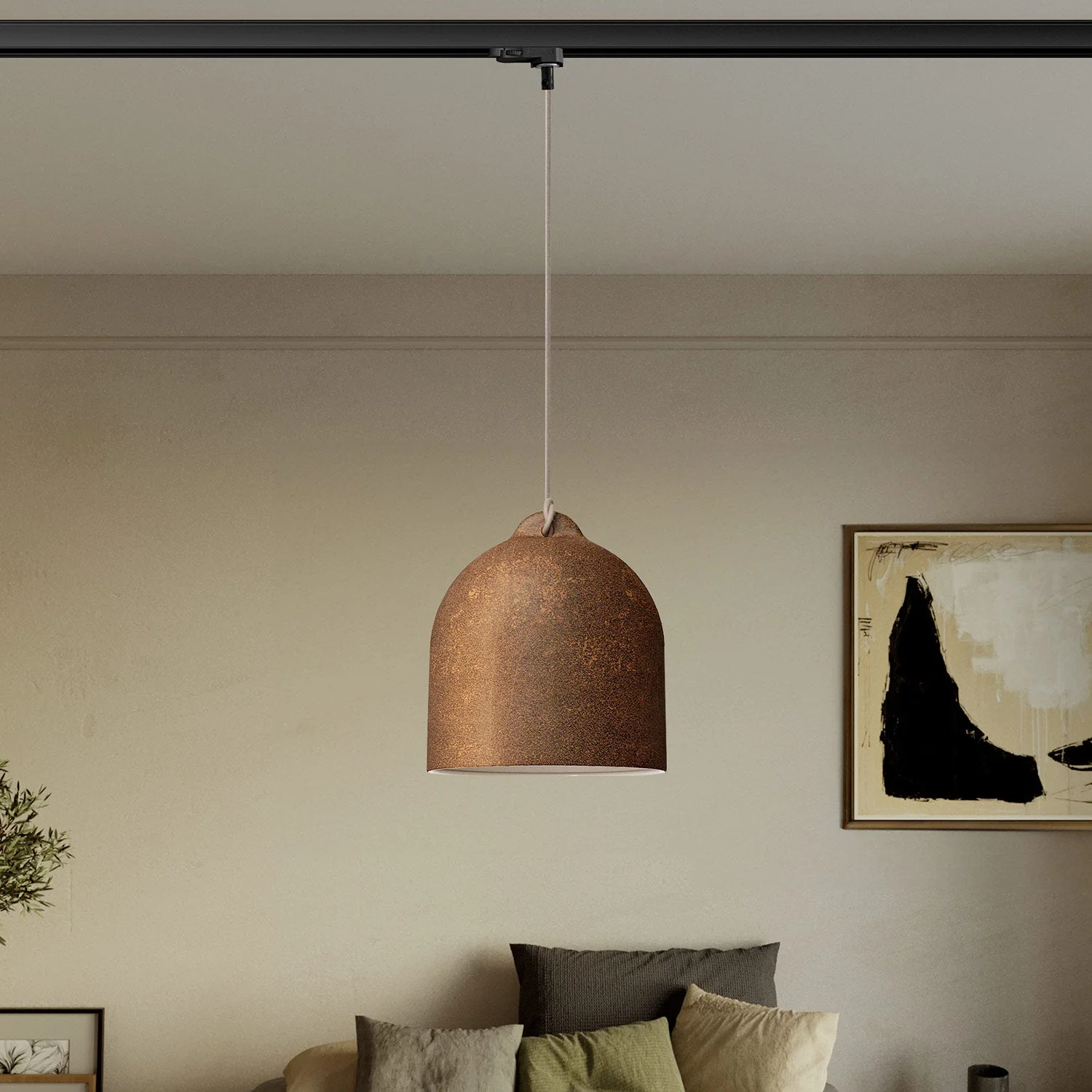 Stromschienen-Pendelleuchte mit Glockenschirm M aus Keramik - Corten-Effekt - Image 2