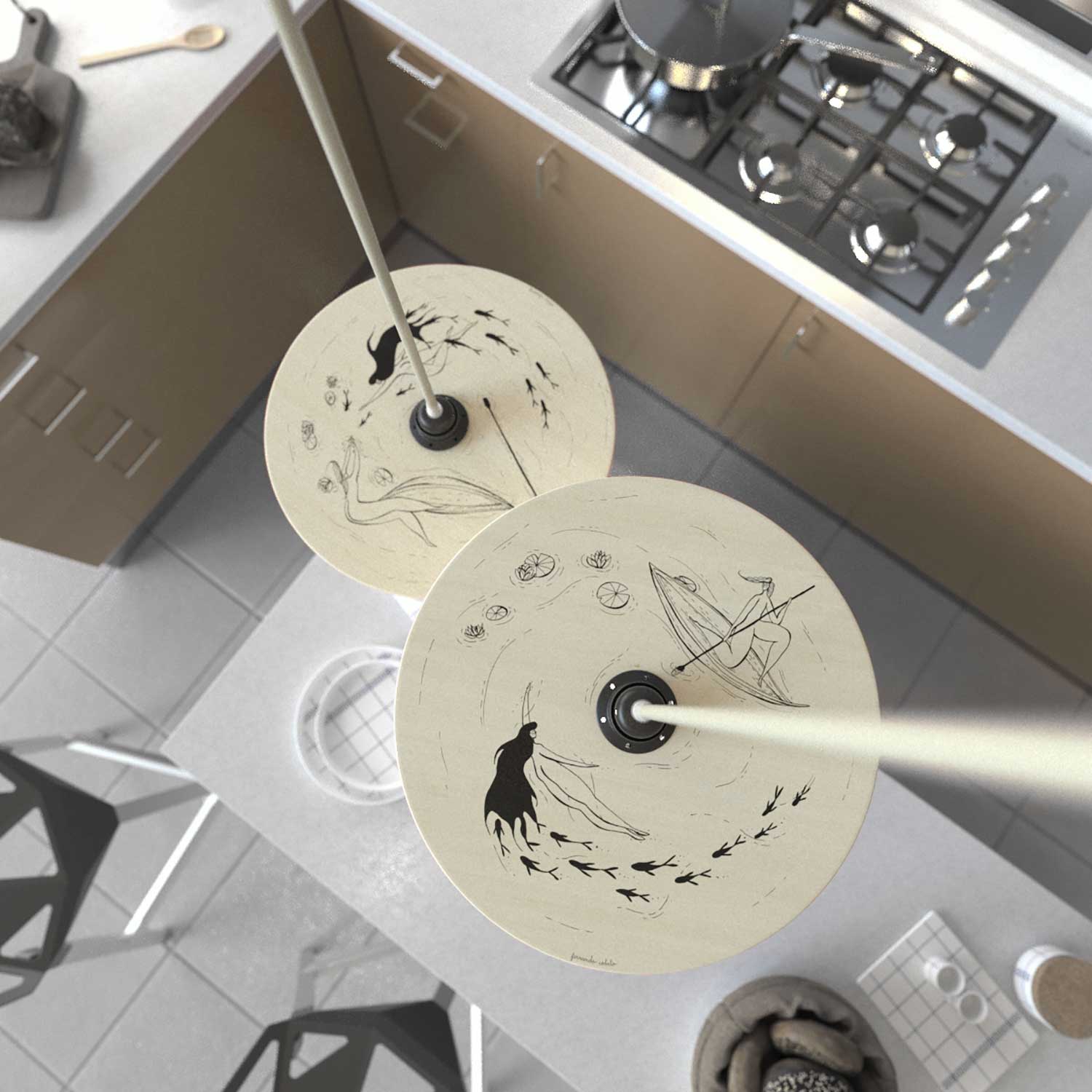 Pendelleuchte mit Textilkabel, doppelseitigem Holzschirm UFO und Metallapplikationen - Fernando Cobelo - Image 2